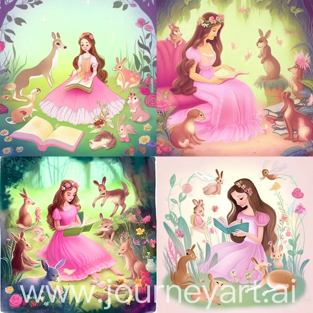 fairy with long brown hair and pink dress reading a tale to her animal friends which are a deer, two rabbits a cat and a dog, around her there are a lot of flowers style similar to the tale of Peter rabbit by Beatrix potter, nostalgic, vintage, primmie’s world