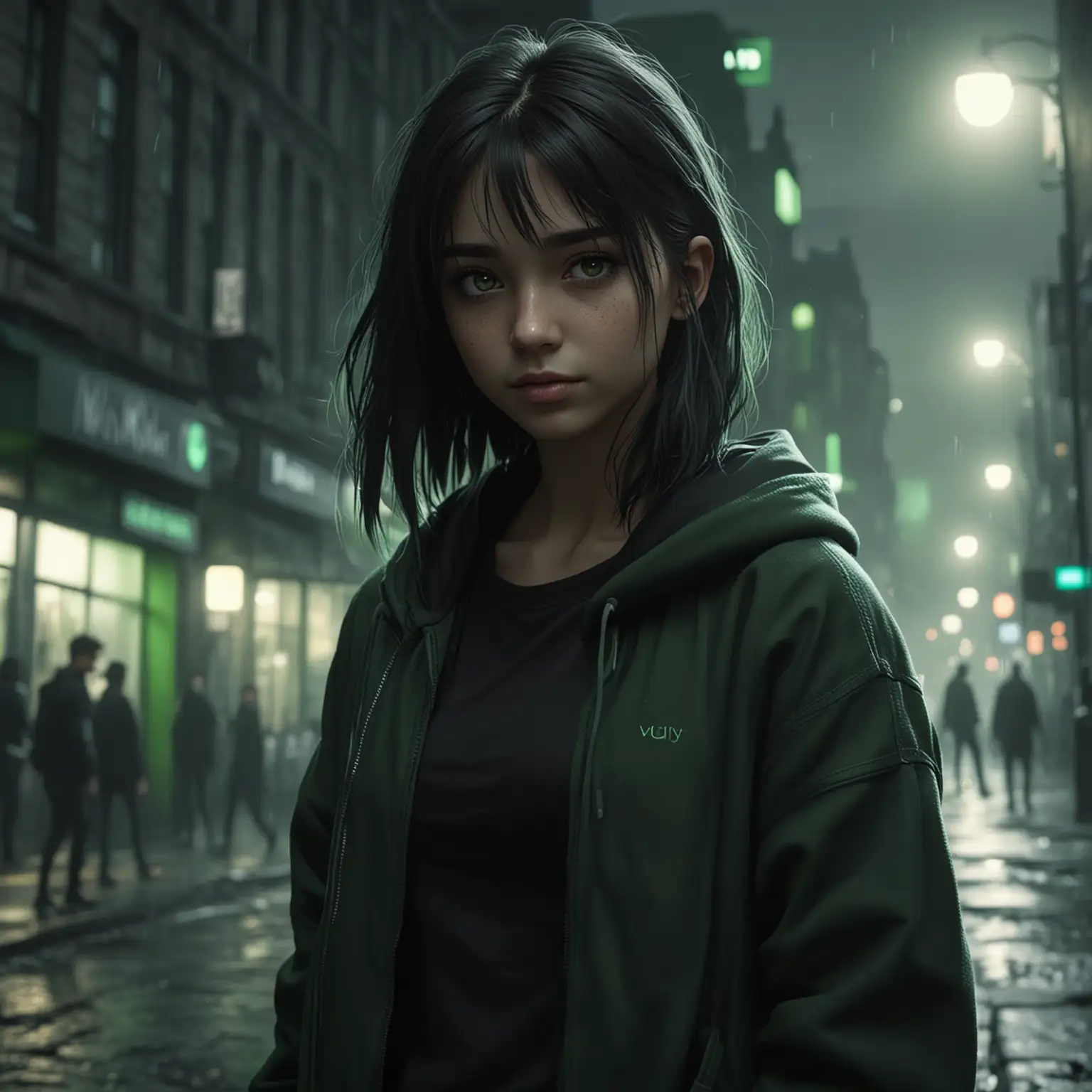 Mysterious Urban Avenger in Stylish Black and Green Attire amidst Nighttime Cityscape