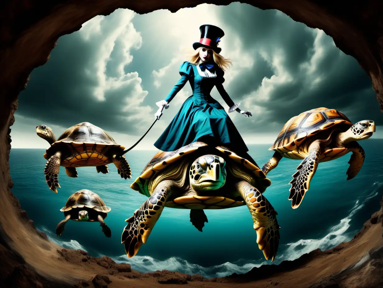 Alice and the Mad Hatter downward hole to Hell with giant turtles in style of Salvador Dali 