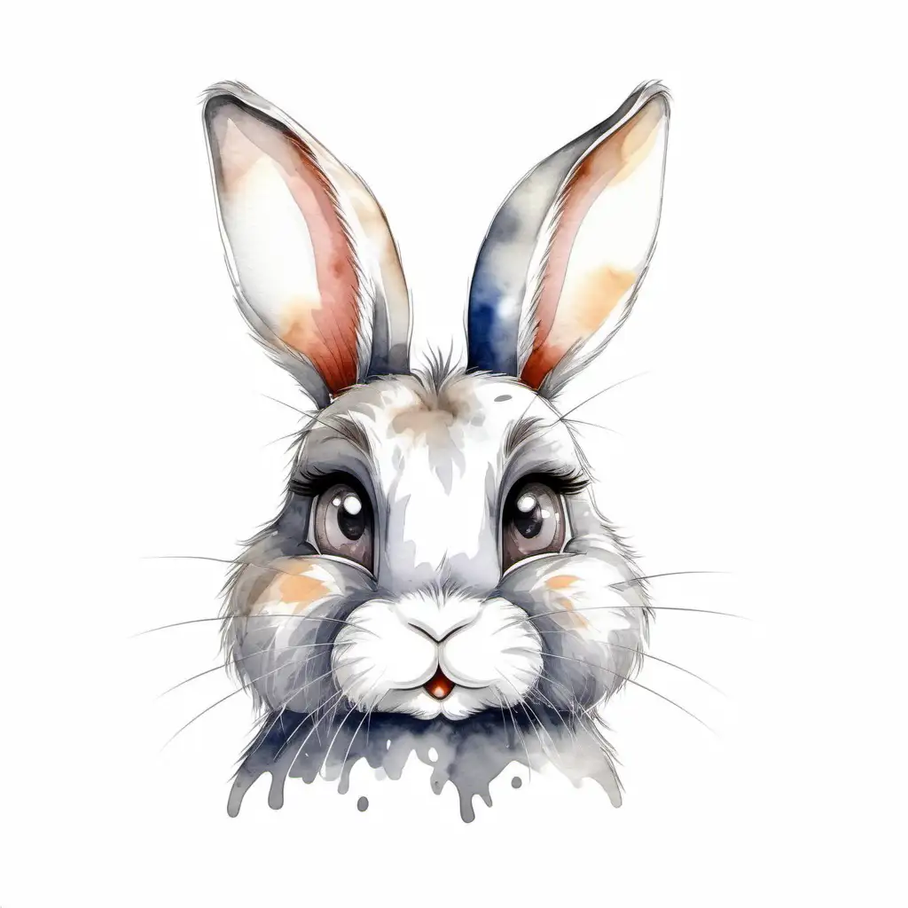 Watercolor Hand Drawn Sketch Furry Cartoon Rabbit with Gray Eyes