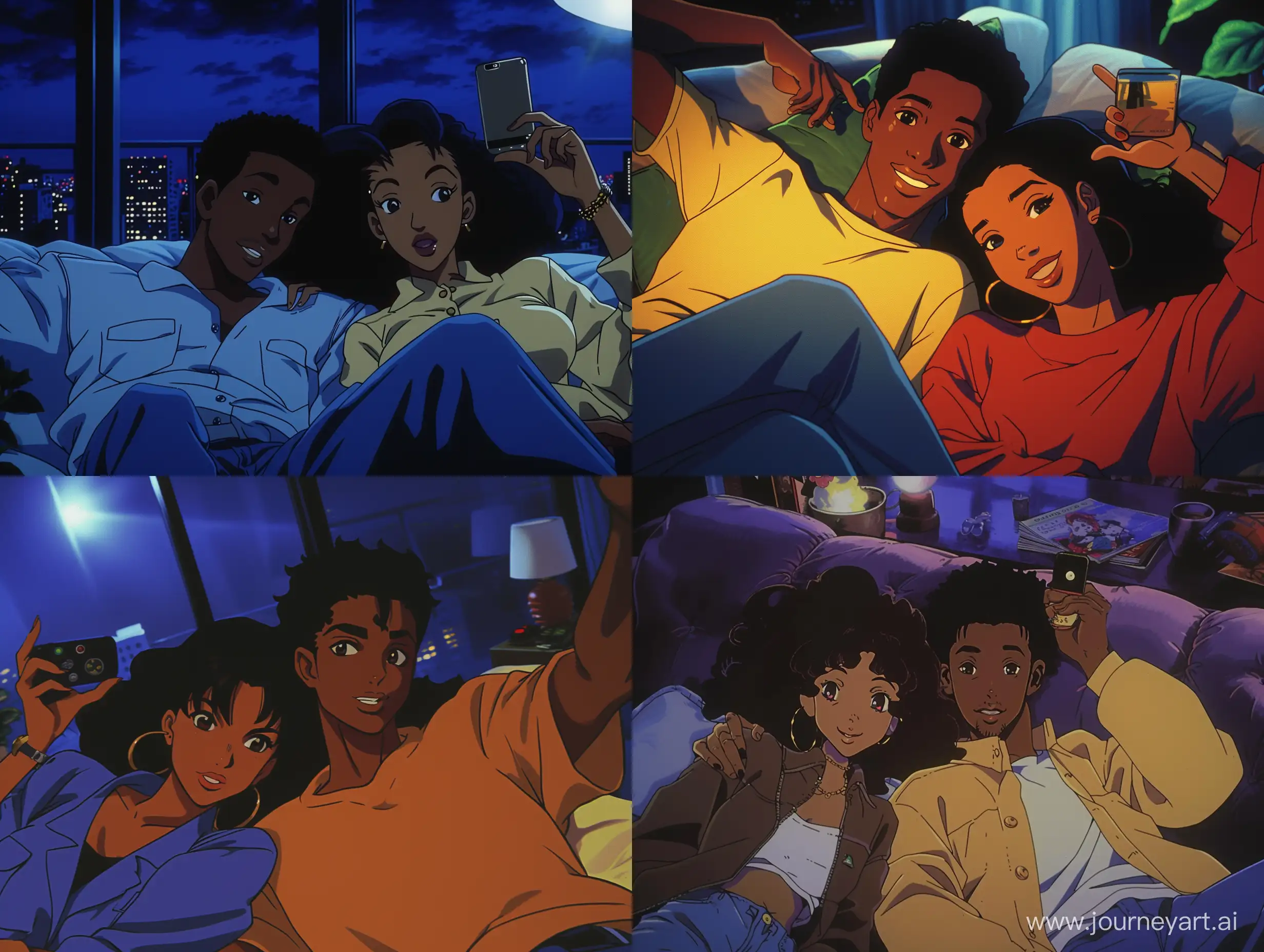 Romantic-Nighttime-Selfie-Young-Black-Couple-in-1989-Anime-Cartoon-Style