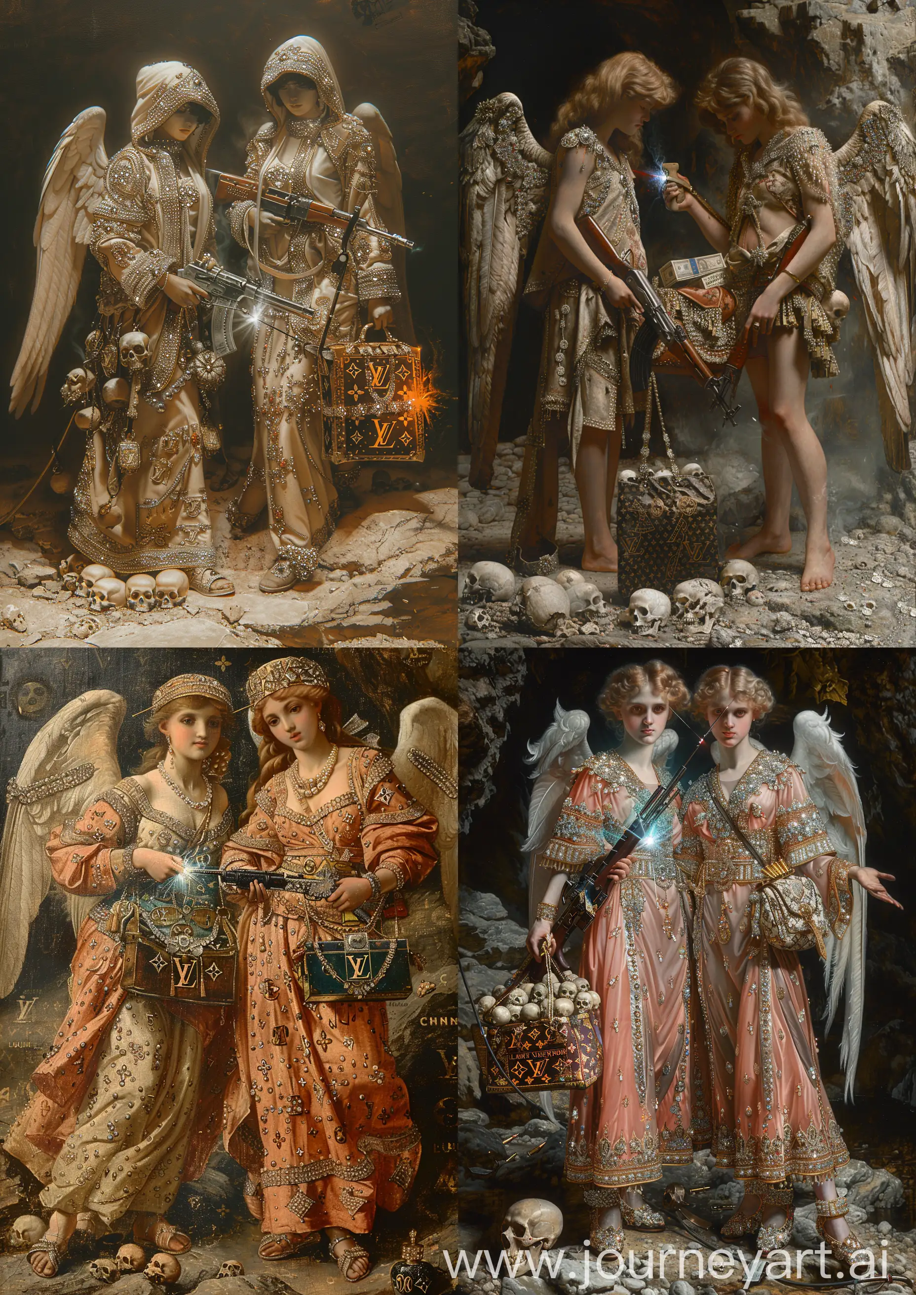 Edward Burne-Jones painting of 2 female  angels warrior wearing Arabic desert clothes ornate in diamonds, welding a kalashnikov, a CHANEL and a LOUIS VUITTON bag full of money and skulls, standing on a rock, obscure tones, high detailed, full body —c 22 —s 750 —v 6.0 —ar 5:7