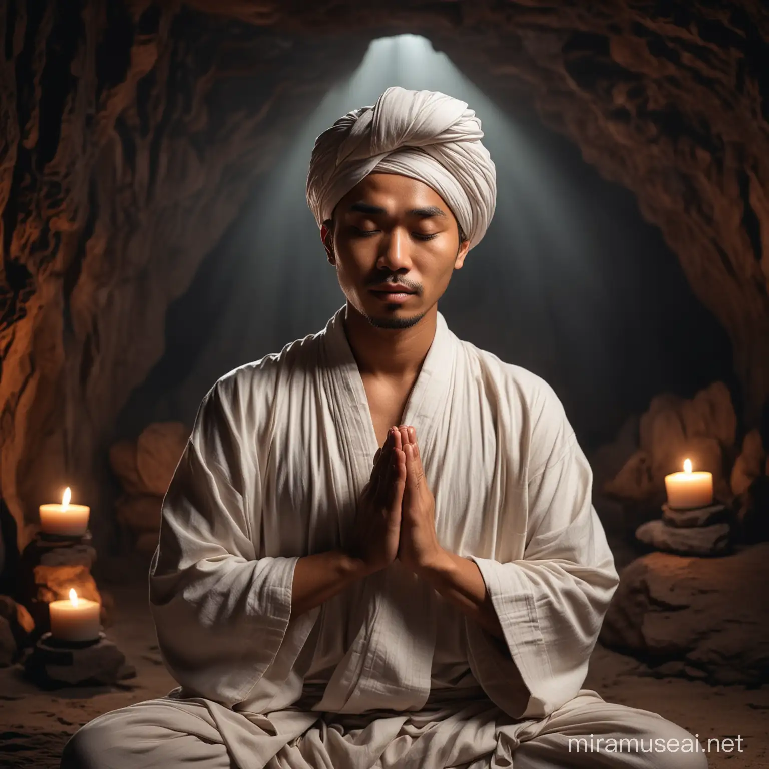 Serene Meditation Handsome Indonesian Man in Turban Meditating in Cave at Night