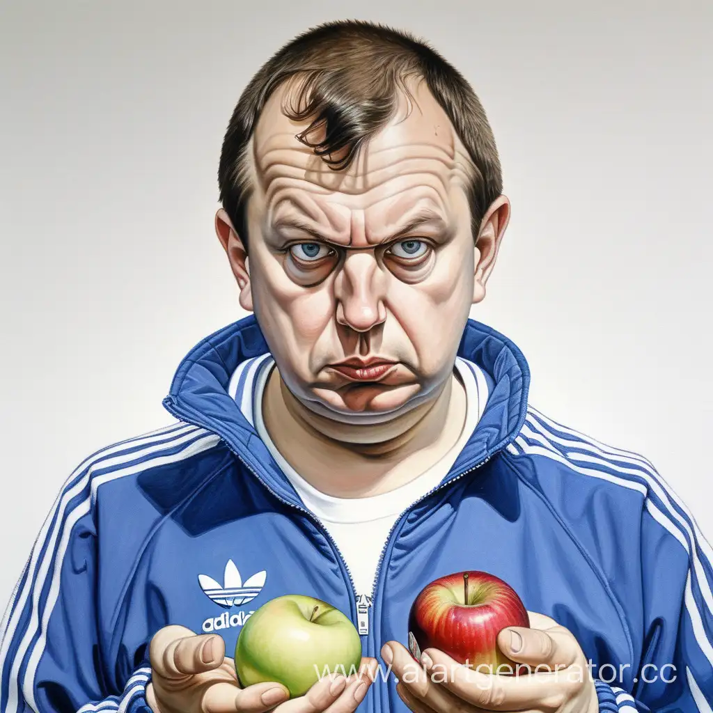 Нарисованный Гопник с двумя фингалами под глазами одетый в спортивный костюм adidas держит в руках надкусанное яблоко
