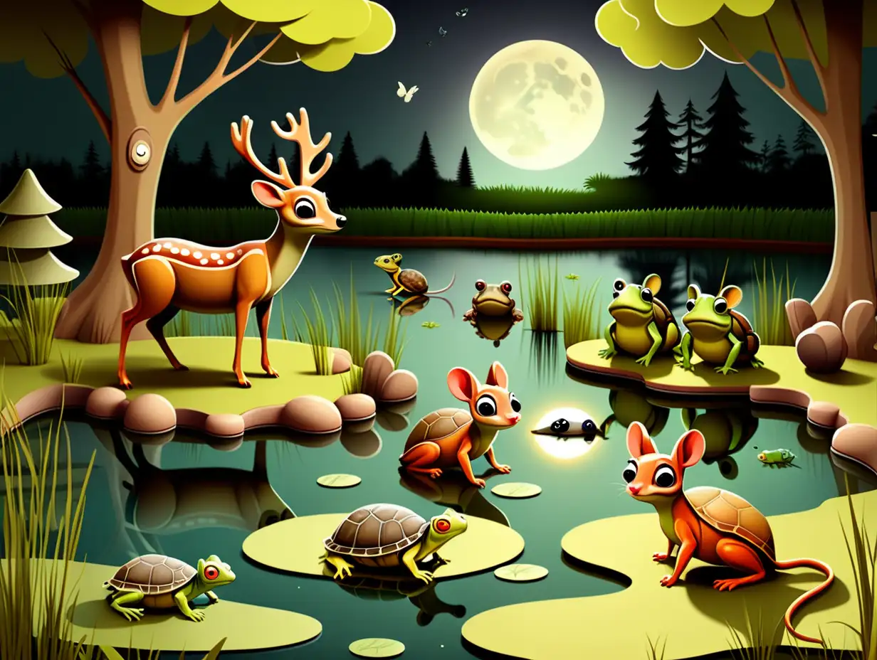 illustration woodland animals, deer, mice, frogs, turtles around a large pond, during an eclipse,  woods and trees in the background with grass around the pond.