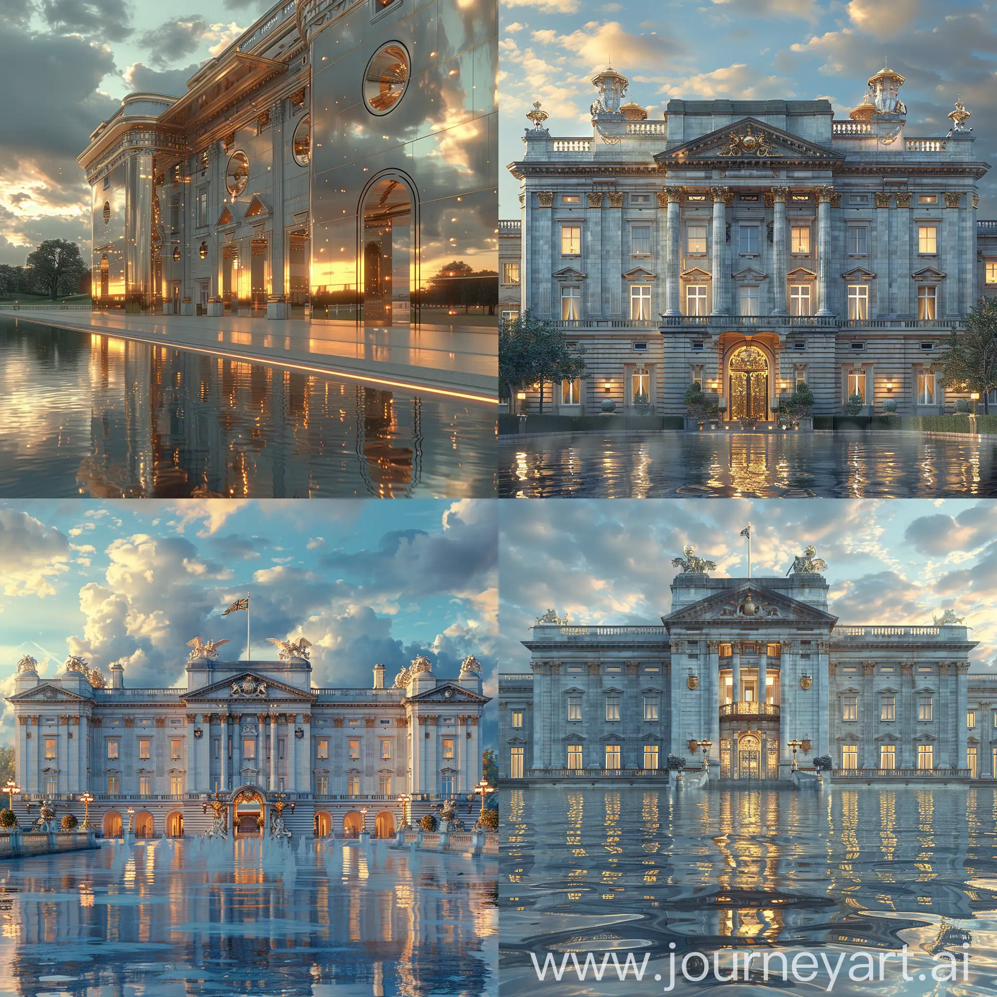 Futuristic Buckingham Palace, ultra modern Buckingham Palace, ultra-modern Buckingham Palace, ultramodern Buckingham Palace, metals and other materials, octane render --stylize 1000
