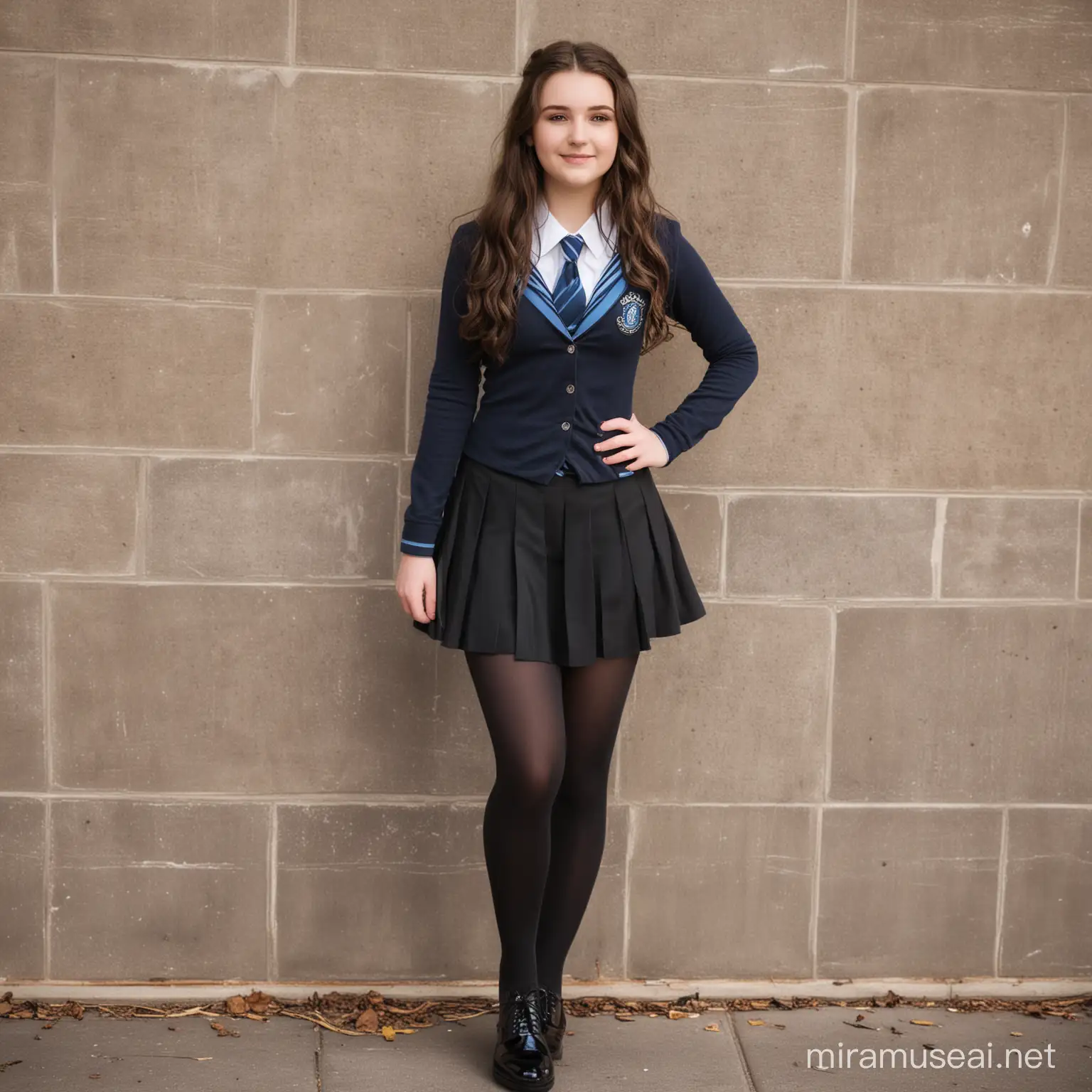 14 year old white girl with wavy mid length dark brown hair, very large boobs, wearing hogwarts uniform girl ravenclaw, black full length tights, black shoes