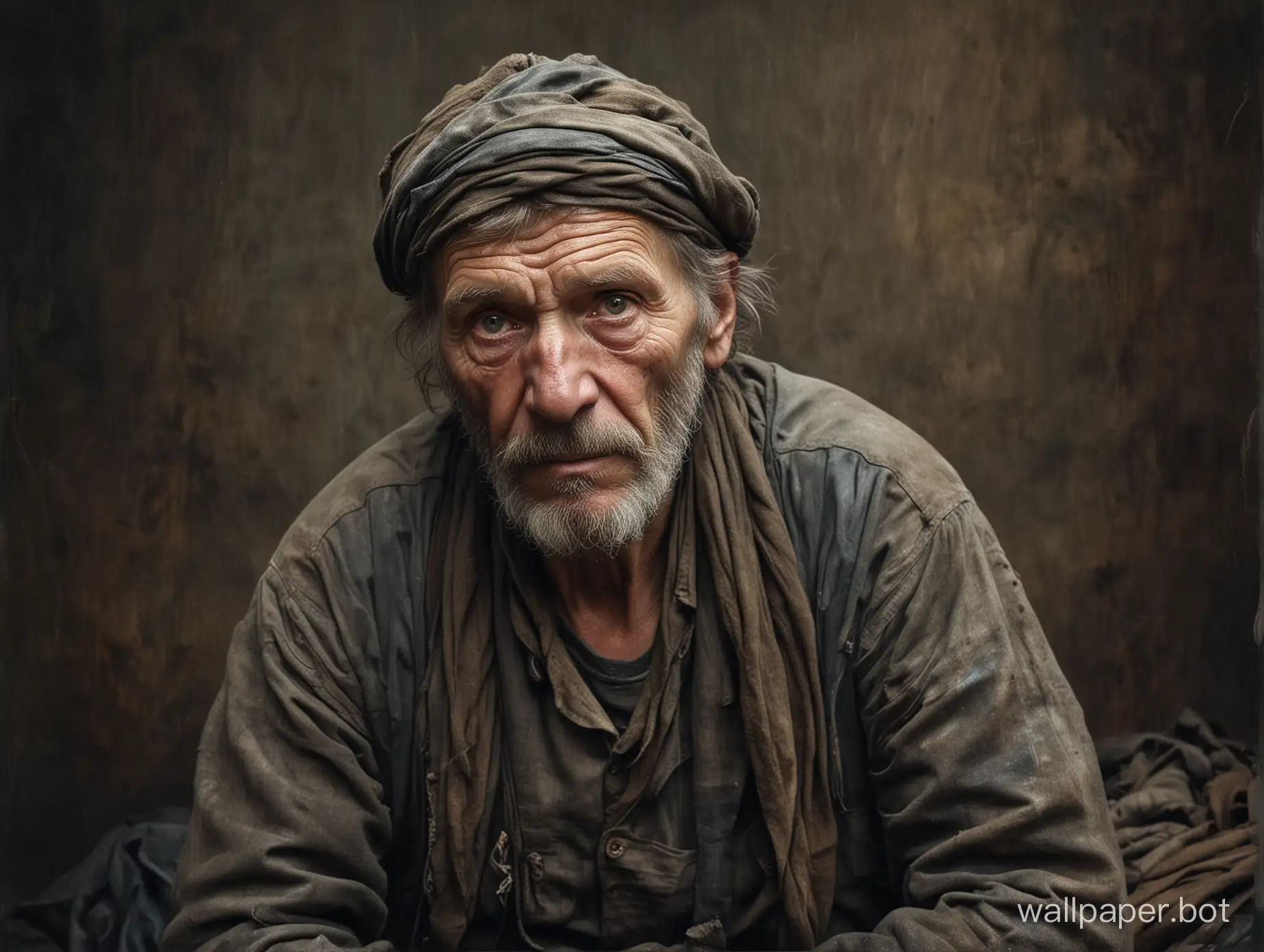 glamour portrait shot (from above:0.5) of poor Latvian 1800 old worker in rags, ((overwhelming fatigue)), wrinkles of age, photorealistic, moody colors, gritty, messy style of Alexey Savrasov, Ivan Shishkin, Ilya Repin, highly detailed,