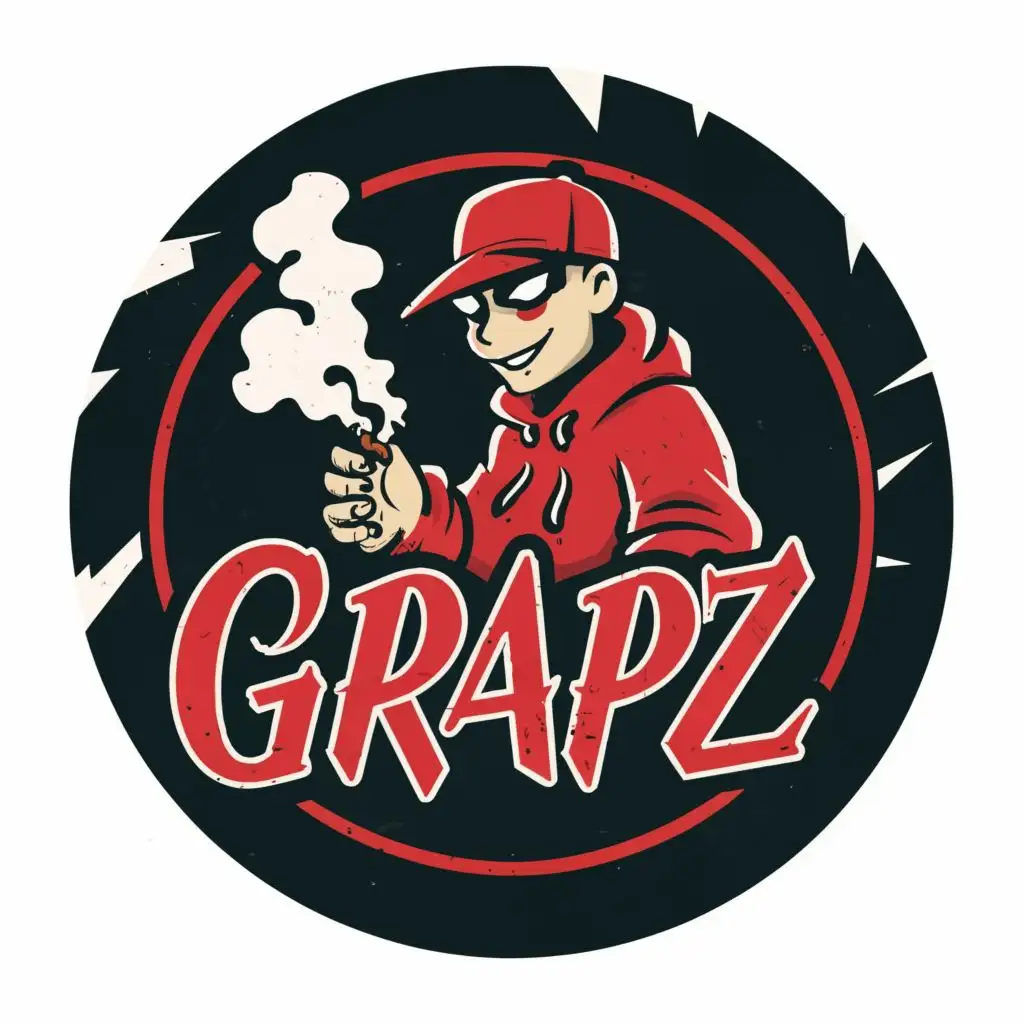 a logo design,with the text "GrapZ", main symbol:Round logo for telegram showing a guy with a red sweatshirt and a black peaked hat while smoking a joint, the background must be dark and the writing must be in graffiti font.
Maintain a shady look,complex,be used in Technology industry,clear background