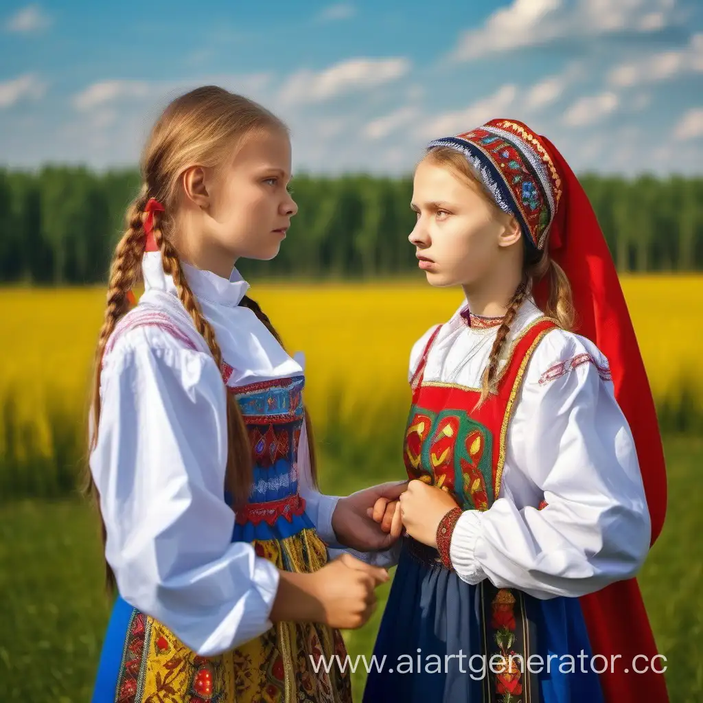 Русская девочка 14 лет в национальном костюме и украинская девочка 14 лет в национальном костюме стоят и ссорятся, на фоне поле, максимально реалистично 