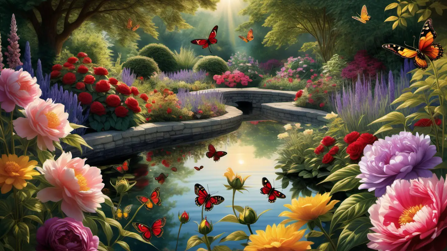 Imagine a sprawling, vibrant garden scene that stretches across a canvas in a wide 16:9 aspect ratio. At first glance, the garden is alive with a riot of colorful flowers—peonies, roses, lavender, and sunflowers—each meticulously detailed to showcase their unique beauty. Amidst these blooms, delicate butterflies with wings painted in a kaleidoscope of colors flutter gracefully, drawing the eye and guiding the viewer from one corner of the garden to the next.
But there's more to this garden than meets the eye at first glance. Hidden among the petals and leaves are smaller creatures, expertly camouflaged and waiting to be discovered by those who look closely. A bumblebee nestles within the heart of a blooming rose, its fuzzy body blending with the flower's golden center. A ladybug clings to a leaf, its red and black spotted back a stark contrast against the green. A dragonfly hovers near a pond, its iridescent wings reflecting the sunlight. The composition is designed to enchant the viewer, inviting them to lose themselves in the beauty of the garden and the thrill of the hunt for these hidden inhabitants. The more one looks, the more one sees, making each viewing of the piece a new discovery. This image should be rendered in a style that captures the intricate details of both the flora and the fauna, with a focus on realism to make the hidden creatures a delightful surprise when spotted. The lighting should be that of a sunny day, highlighting the textures and colors of the garden and adding depth to the scene.