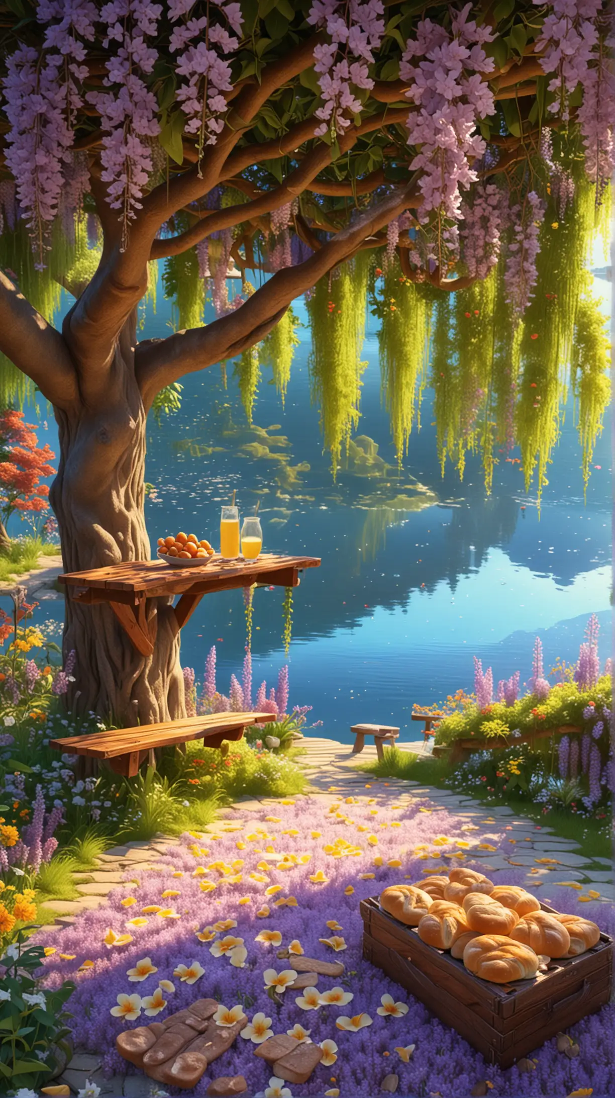 Ghibli garden dreams, wood bench under a big tree, picnic carpet with  breads basket and lemonade,  variant vibrant flowers , mesmerizing view to the shining lake,  wisteria vines and lily piers, petals on the sky, ultra detailed, 3D render, acrylic palette knife, mystics_meta style