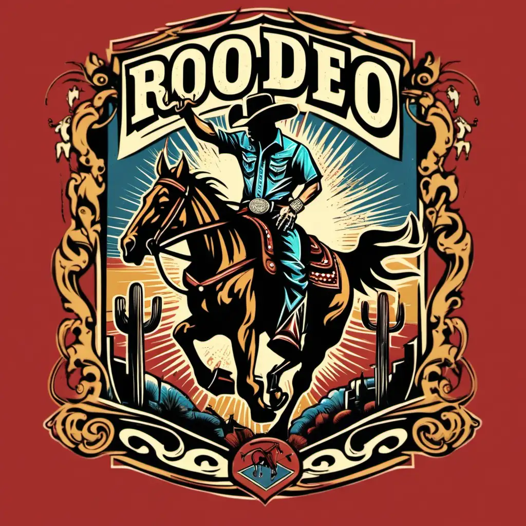Authentic Rodeo TShirt Design with Bold Bull Riders and Vibrant Western Elements