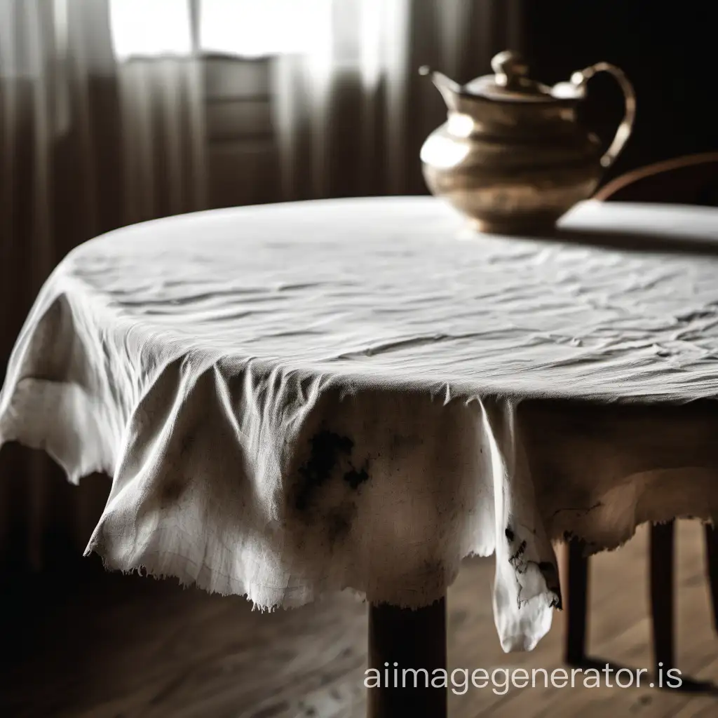 Messy-Tablecloth-on-Dining-Table-Stained-Fabric-with-Food-Spills