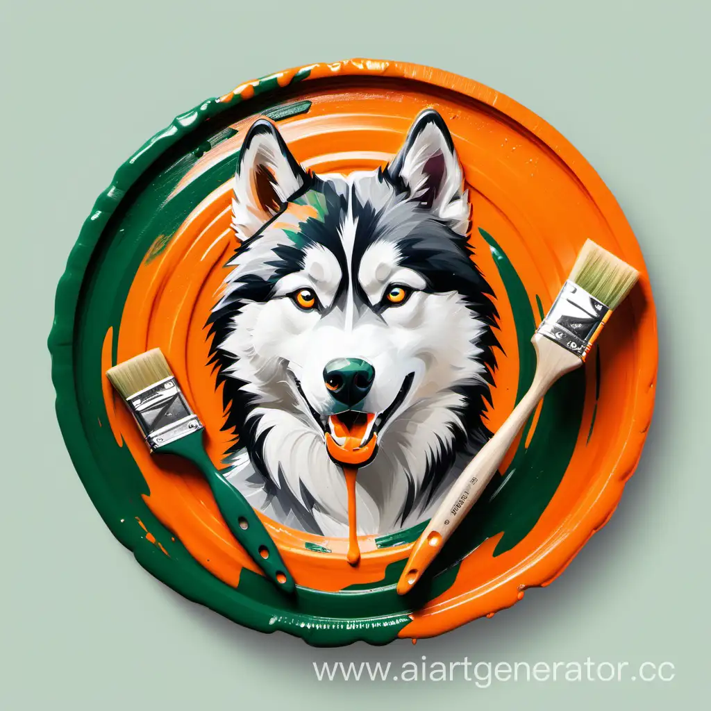Vibrant-Circle-Icon-Featuring-a-PaintAdorned-Husky-with-Brush