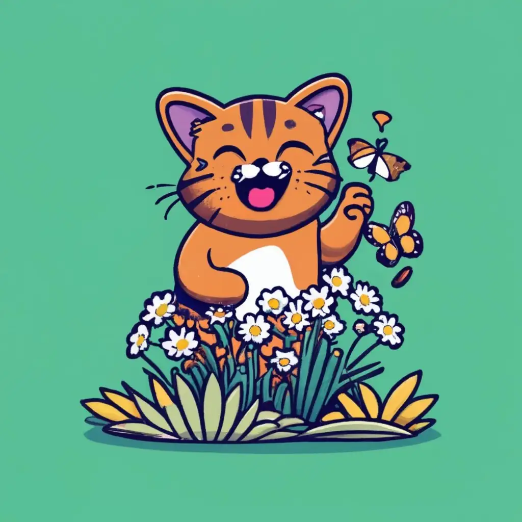 a cat playing with butterfly in daisy garden