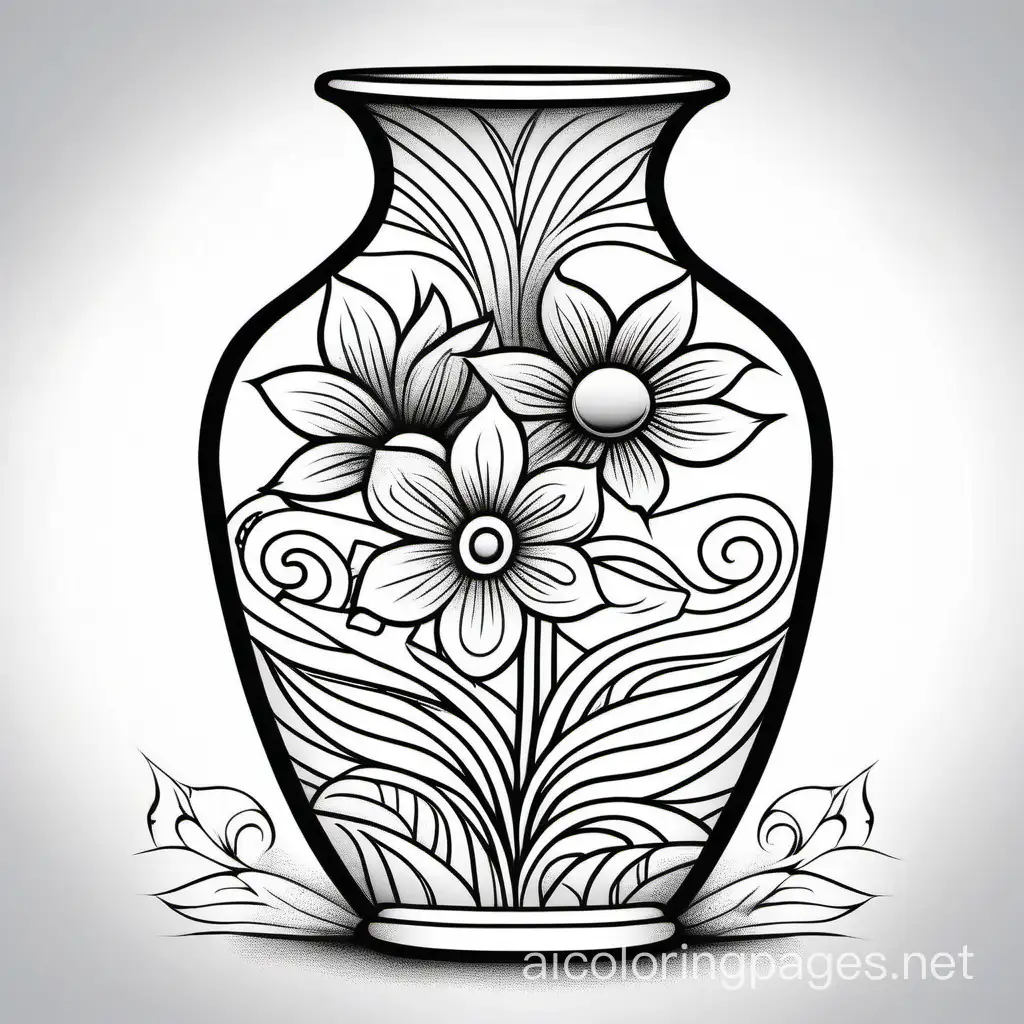 Pottery vase with tattoo flower designs, Coloring Page, black and white, line art, white background, Simplicity, Ample White Space. The background of the coloring page is plain white to make it easy for young children to color within the lines. The outlines of all the subjects are easy to distinguish, making it simple for kids to color without too much difficulty