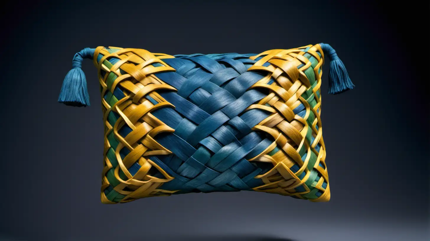 virtual museum showing maori 
kete hand made from flax dyed blue green and yellow