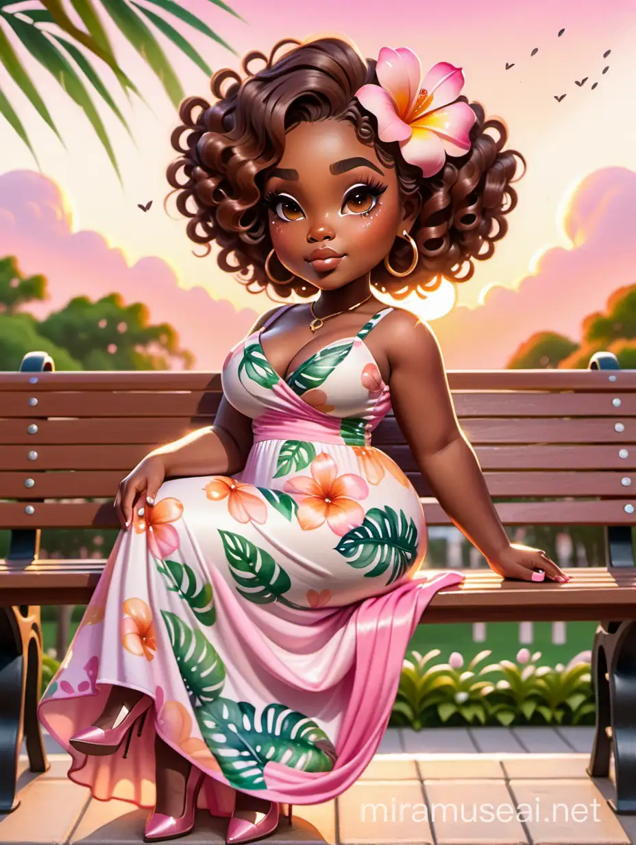 create a watercolor painting image of A curvy chibi cartoon black woman sitting on a park bench, facing the sunset. She has brown eyes accentuated by dramatic makeup. Her brown hair is done up in an elaborate curled twist. She sits slightly angled, wearing a flowing pink maxi dress with tropical flowers that seems to flutter in the gentle breeze.