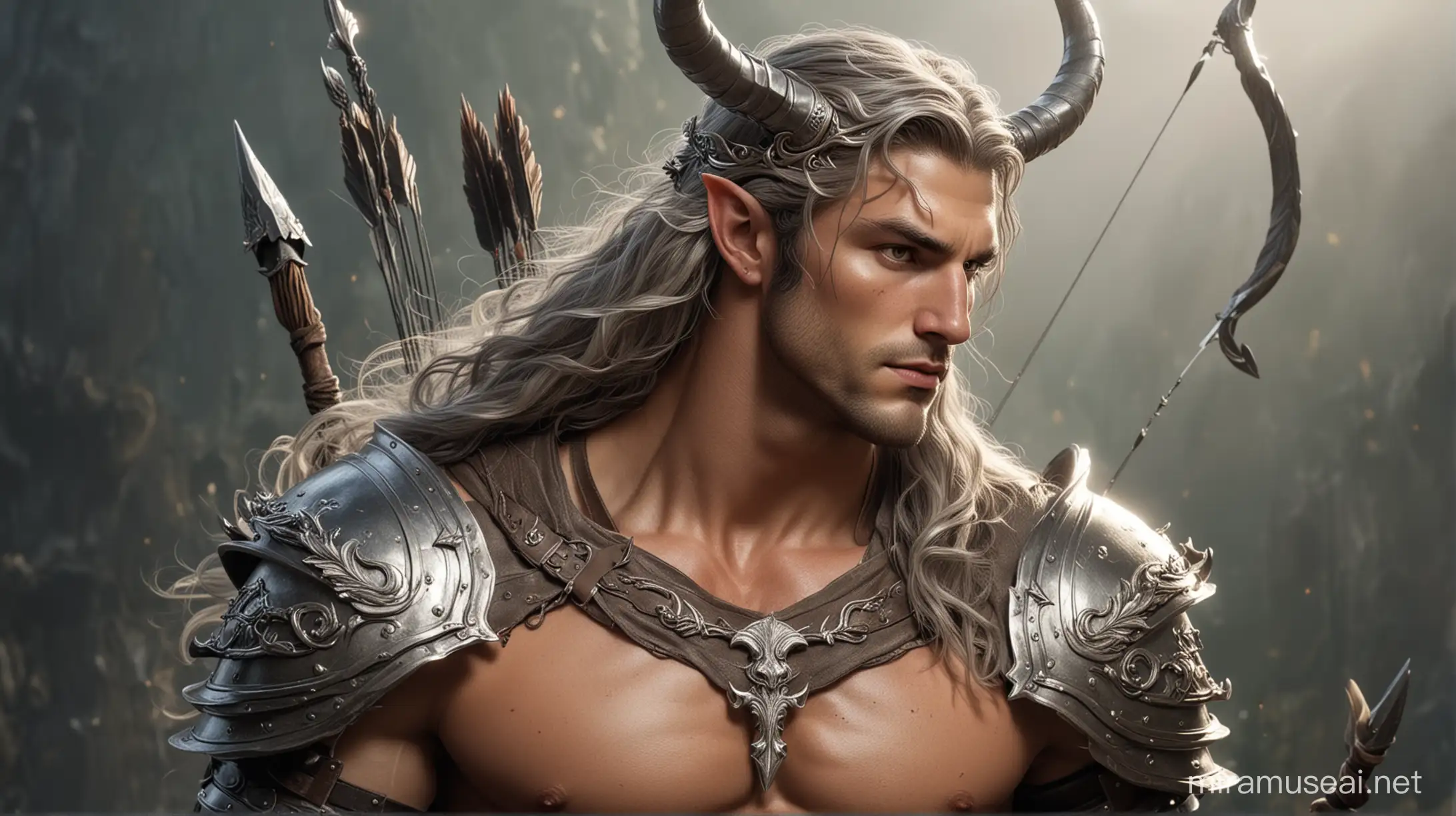 A  mythical centaur man with curled back horns, a strong body, well defined face, grey eyes, flowing long hair, he wears armor strap across his chest with bow and arrows, wears a silver crown, fantasy appearance