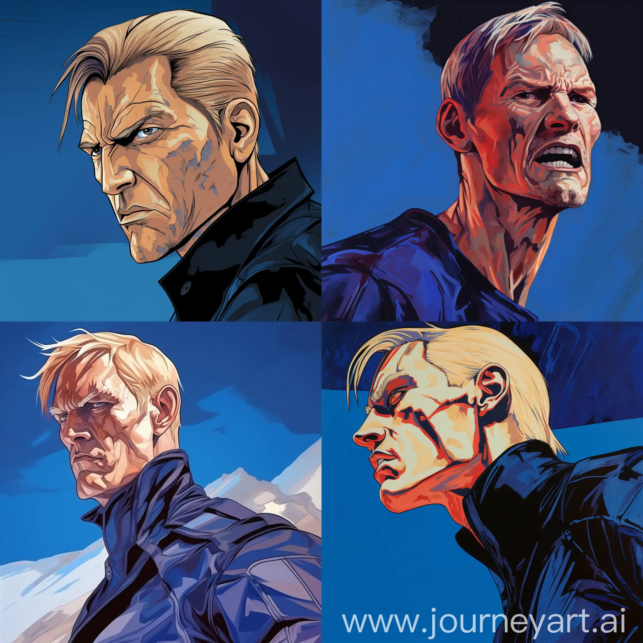 Fritz Scholder art style painting of Reiner braun character from attack on Titans with blonde hair as a 50 years old man muscle and big , alone as a profile picture. 8k , blue colours --s 100 --v 5.2