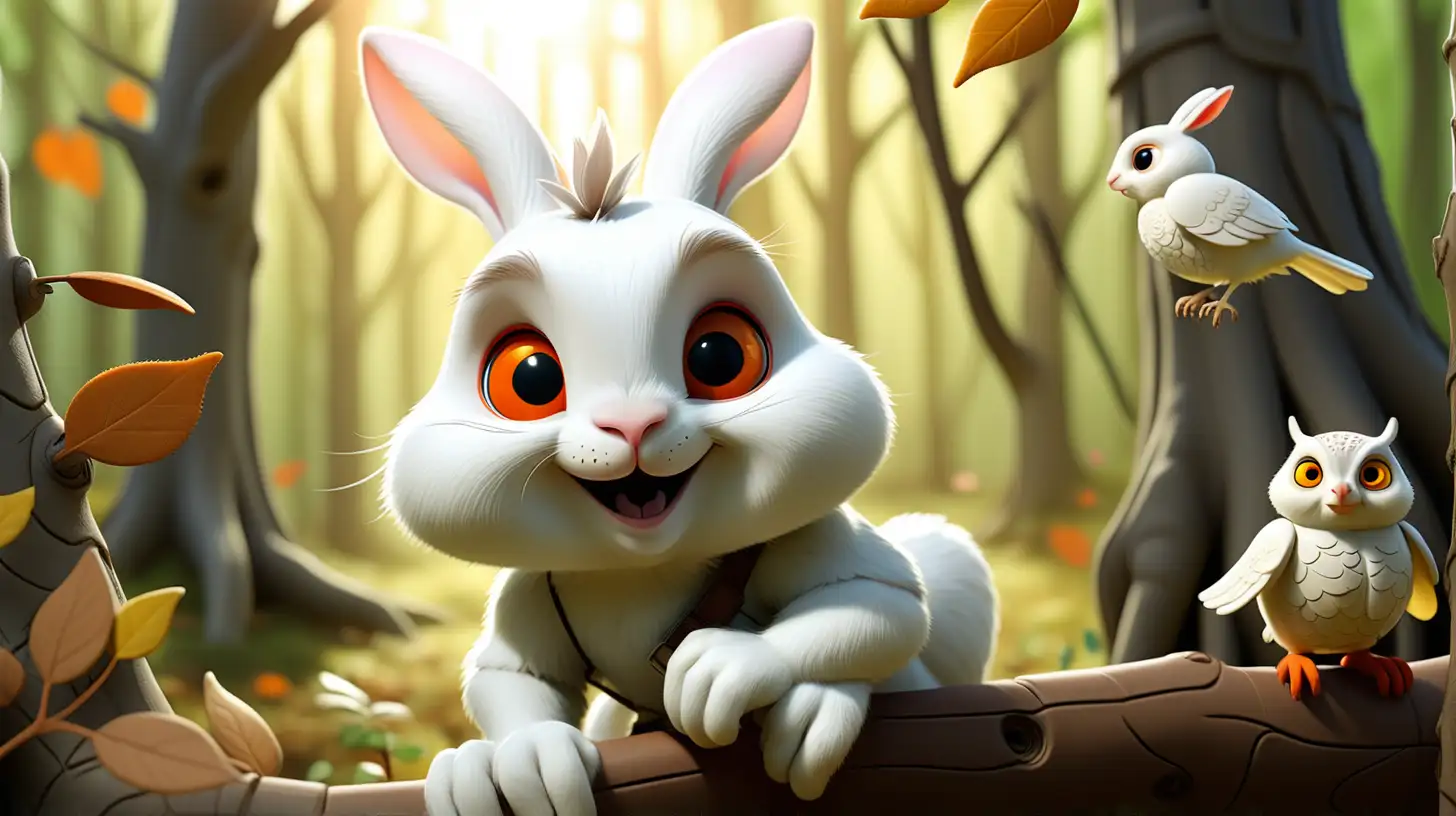 The little white rabbit likes to walk in the forest to greet his friends the squirrels, the birds and the owl which is perched on the branch of a tree. The sun filters through the leaves of the trees.