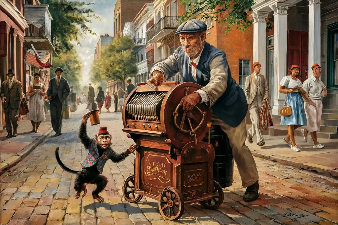 "Create an oil painting in the early 20th-century American realism style, reminiscent of Reginald Marsh. The scene is set on a bustling street in Charleston. The focus is on an organ-grinder, a middle-aged man with a weathered face and a flat cap, turning the handle of a richly decorated, traditional barrel organ. Beside him is his monkey, a small, agile capuchin, dressed in a colorful vest and fez, energetically dancing to the music. The background shows the charming, historic architecture of Charleston with pedestrians of various ages and styles passing by, some pausing to watch the performance. The painting should capture the vibrant street life and the quaint charm of the era."
