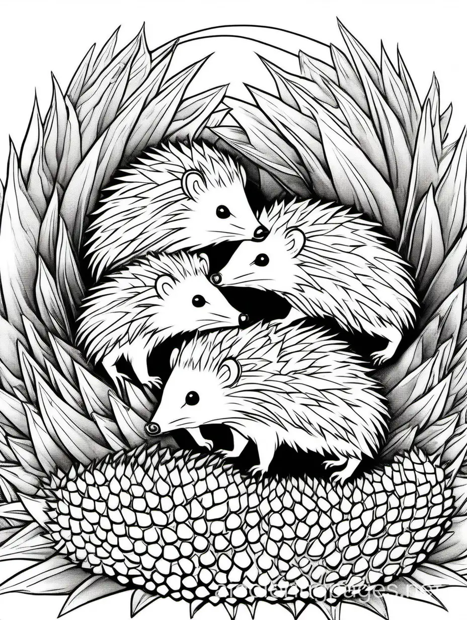 Sir Frederic Leighton, hedgehogs, Coloring Page, black and white, line art, white background, Simplicity, Ample White Space. The background of the coloring page is plain white to make it easy for young children to color within the lines. The outlines of all the subjects are easy to distinguish, making it simple for kids to color without too much difficulty