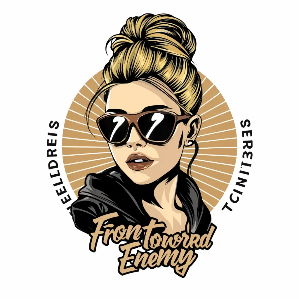 LOGO-Design-For-Front-Toward-Enemy-Blonde-Girl-Head-with-Sunglasses-and-High-Bun-Hairstyle-on-Clear-Background