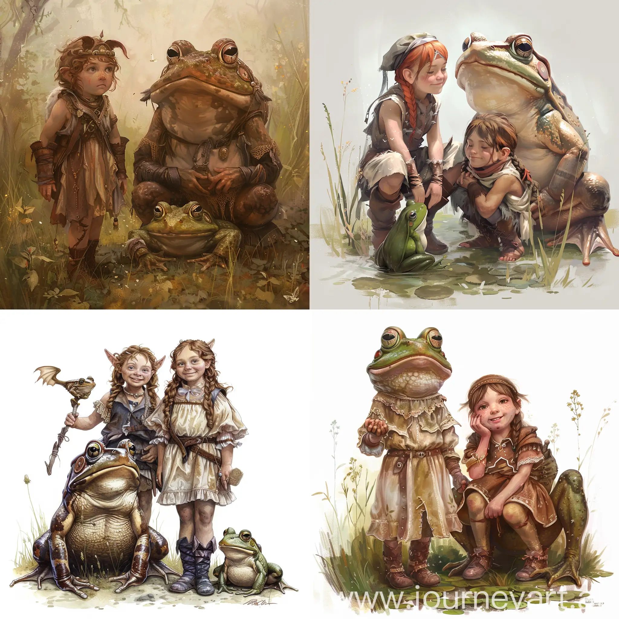 two kid faires, cute fanstasy style, with a large frog companion