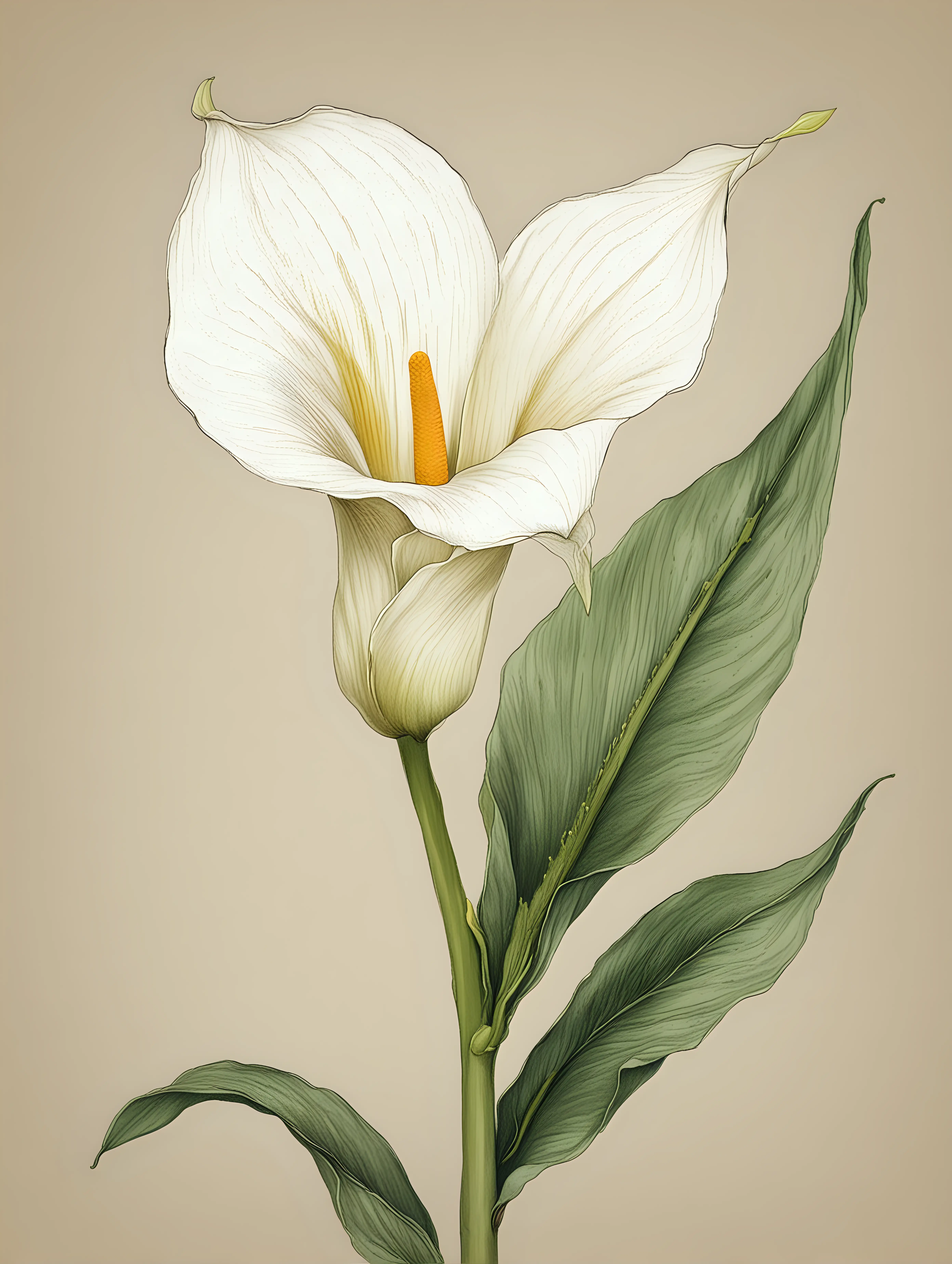 simple color line drawing of 1 calla lily flower in the style of Audubon