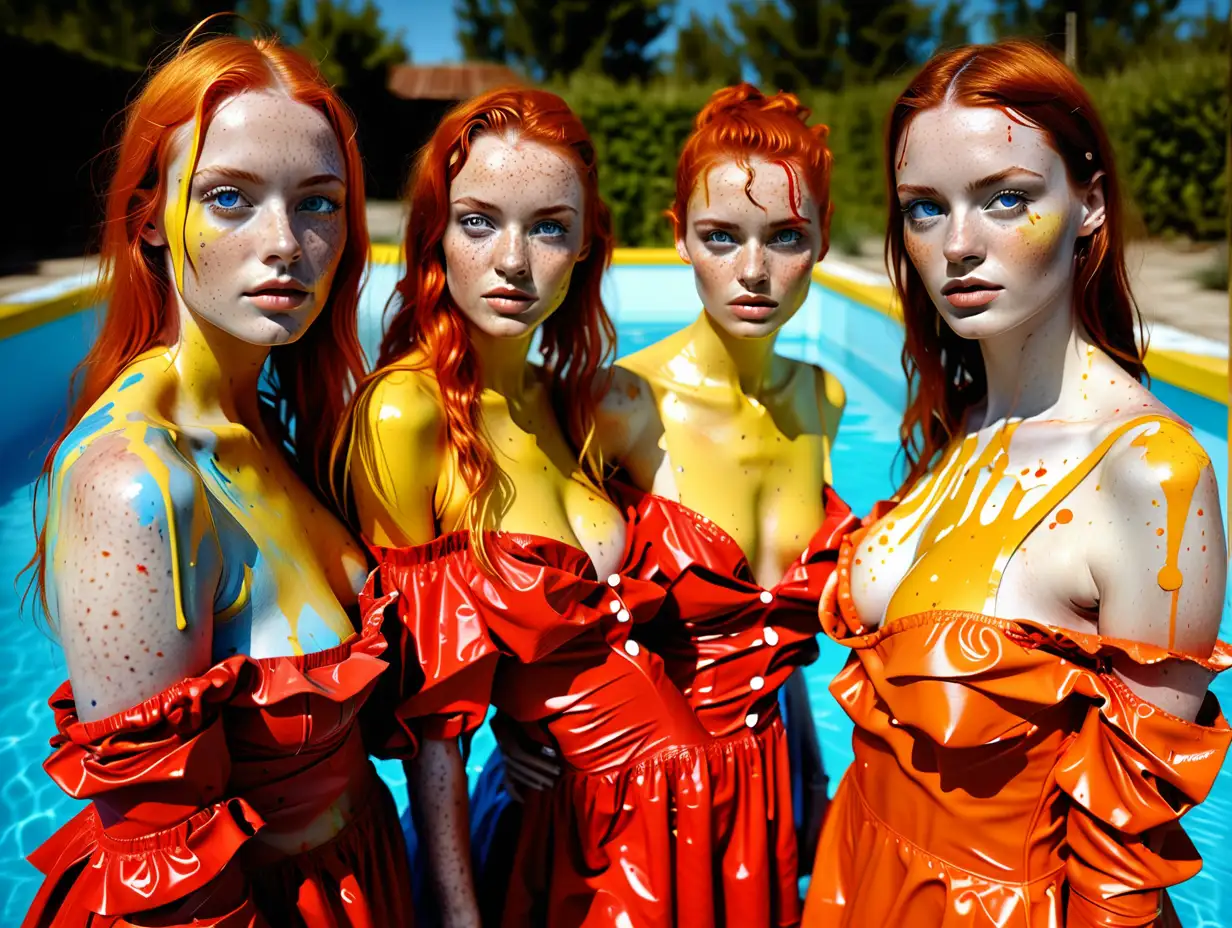 Create 3 pretty women that have freckles, blue eyes, are 40 years old, they looks like a high fashion model, they are 180cm tall, they have huge boobs, they have red high fashion dresses,  they are covered in yellow paint and is standing in an empty swimming pool