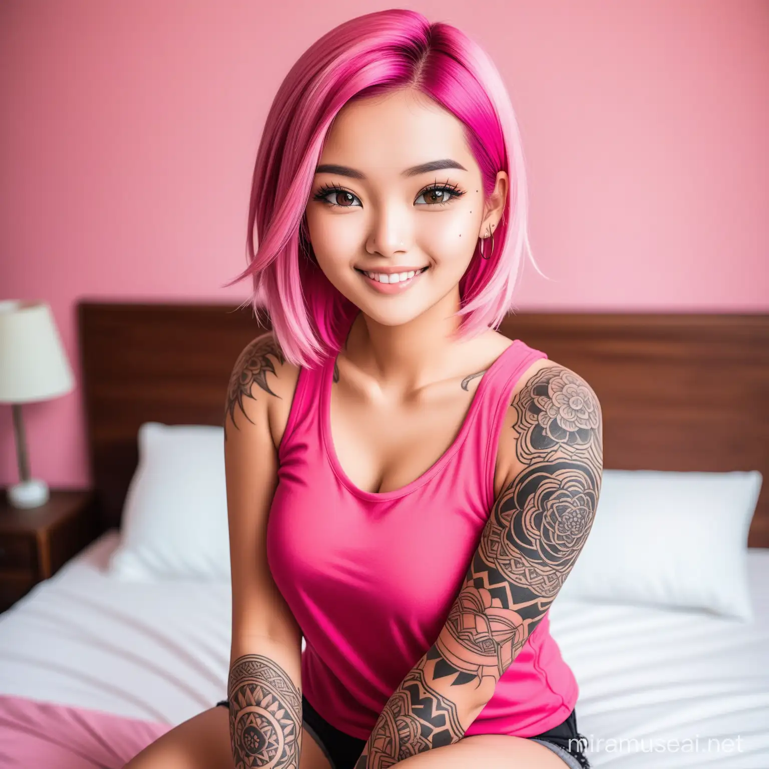 Potret seorang cewek cantik berwajah asli Indonesia usia 25 tahun berambut pink memakai tangtop pink cerah bertatok dibagian lengan tangan sedang duduk diatas kasur ekspresi wajah tersenyum tipis manis
Latar belakang kamar tidur