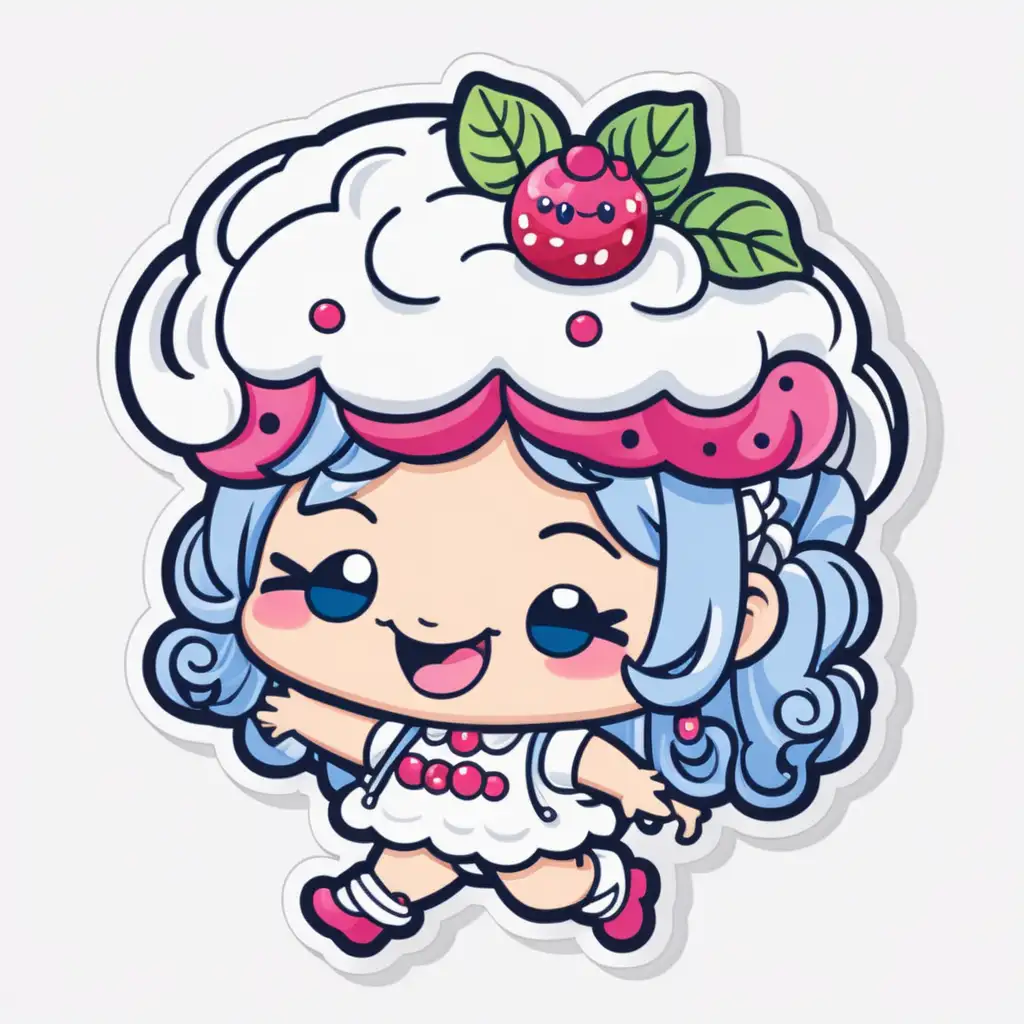 Sticker, Laughing KAWAII blueberry shortcake with Whipped Cream Hair, food illustration, mixed 
styles, contour, vector, white background