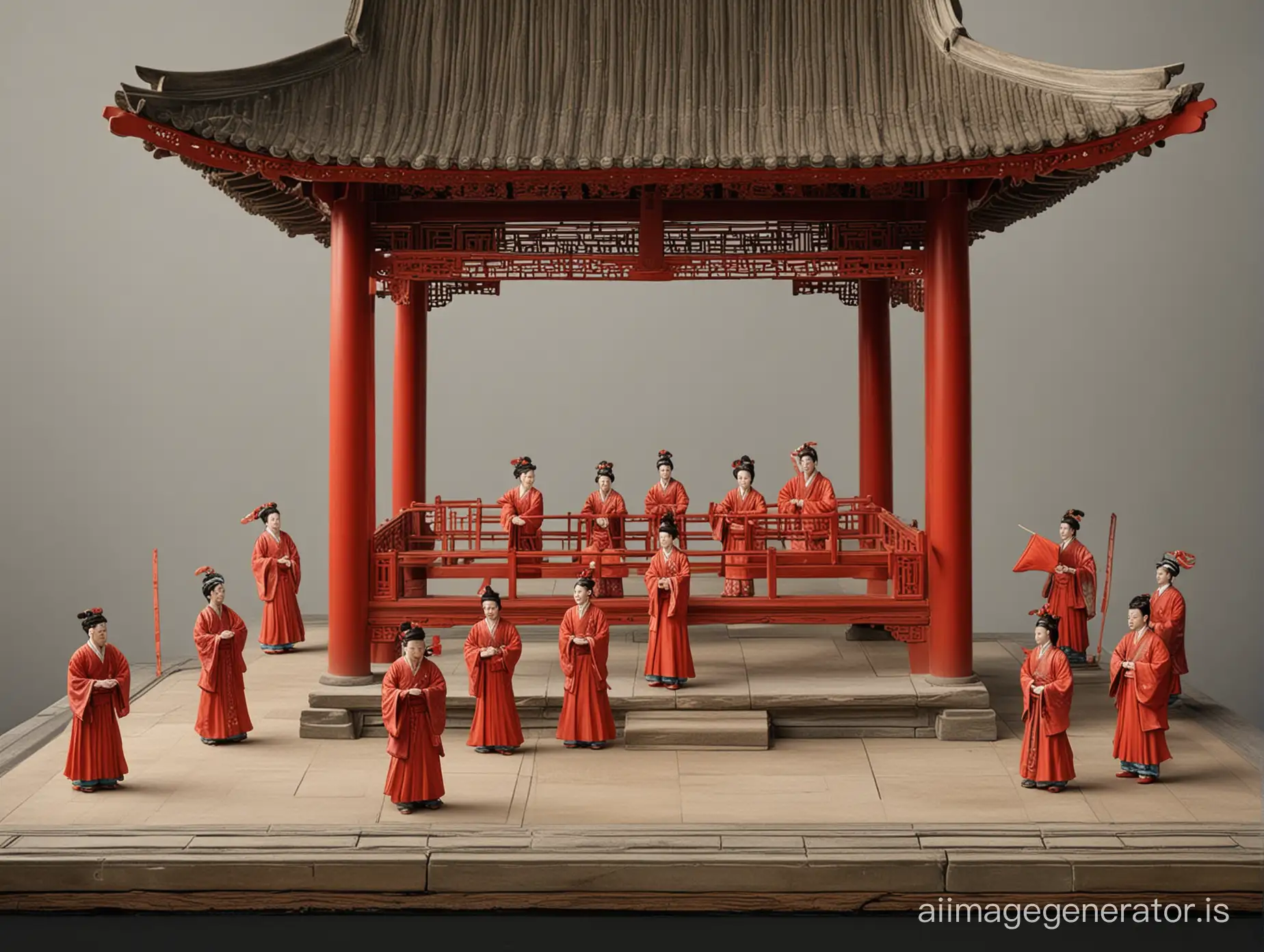 A Chinese Ming Dynasty matchmaking pavilion with a red architectural theme. The stage is 1.5 meters above the ground and has a simple background. Beautiful women and matchmakers stand on the stage, while six men look at the women on the stage. The characters in the picture are combined with modern style