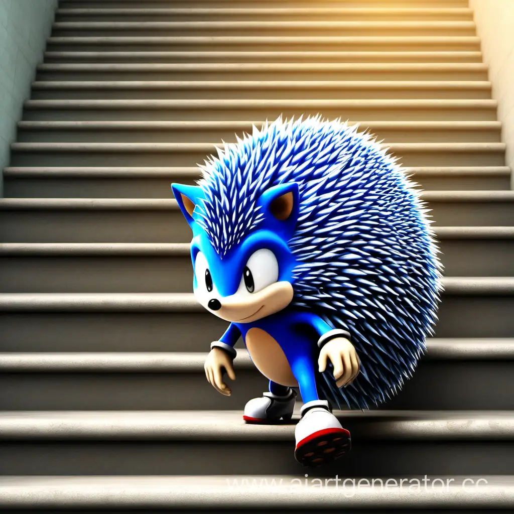 The blue hedgehog is walking up the stairs

