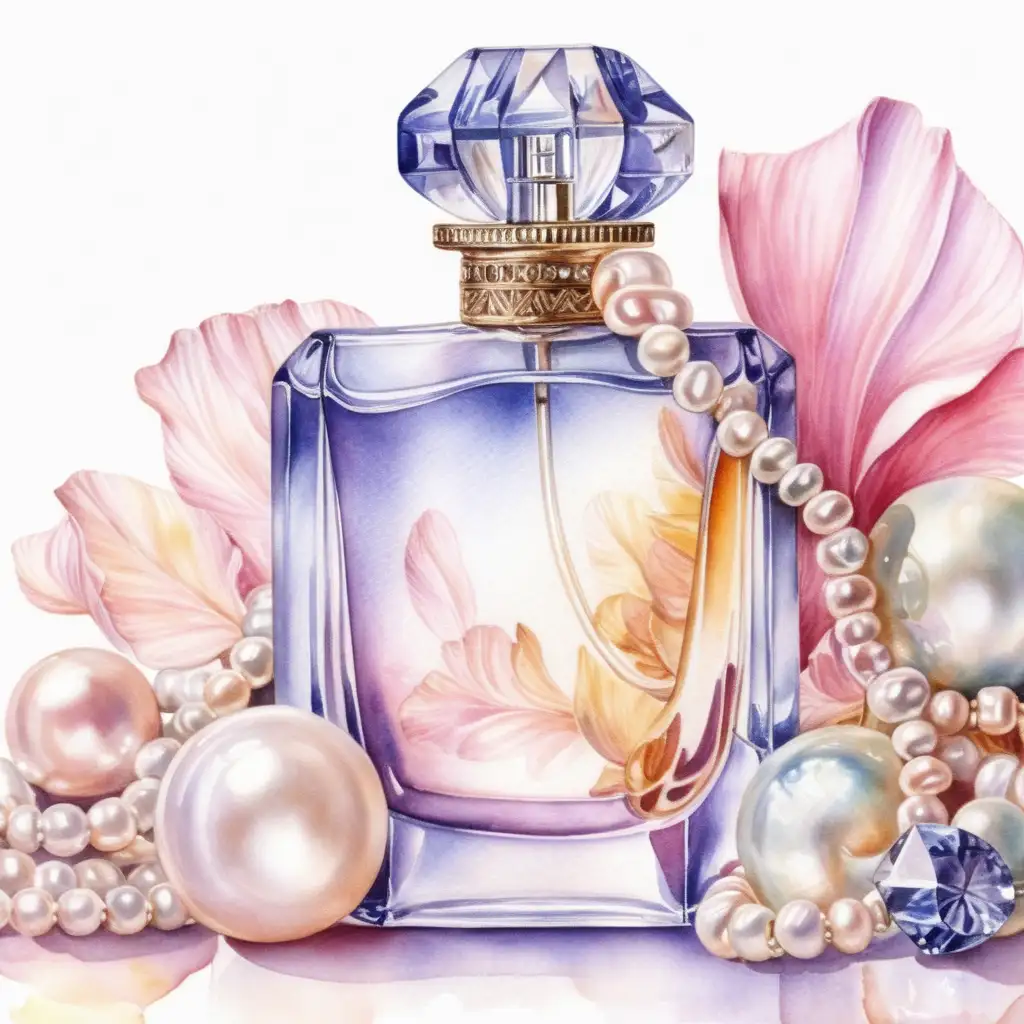 Elegant Perfume Bottle with Pearls and Crystals in Delicate Watercolor