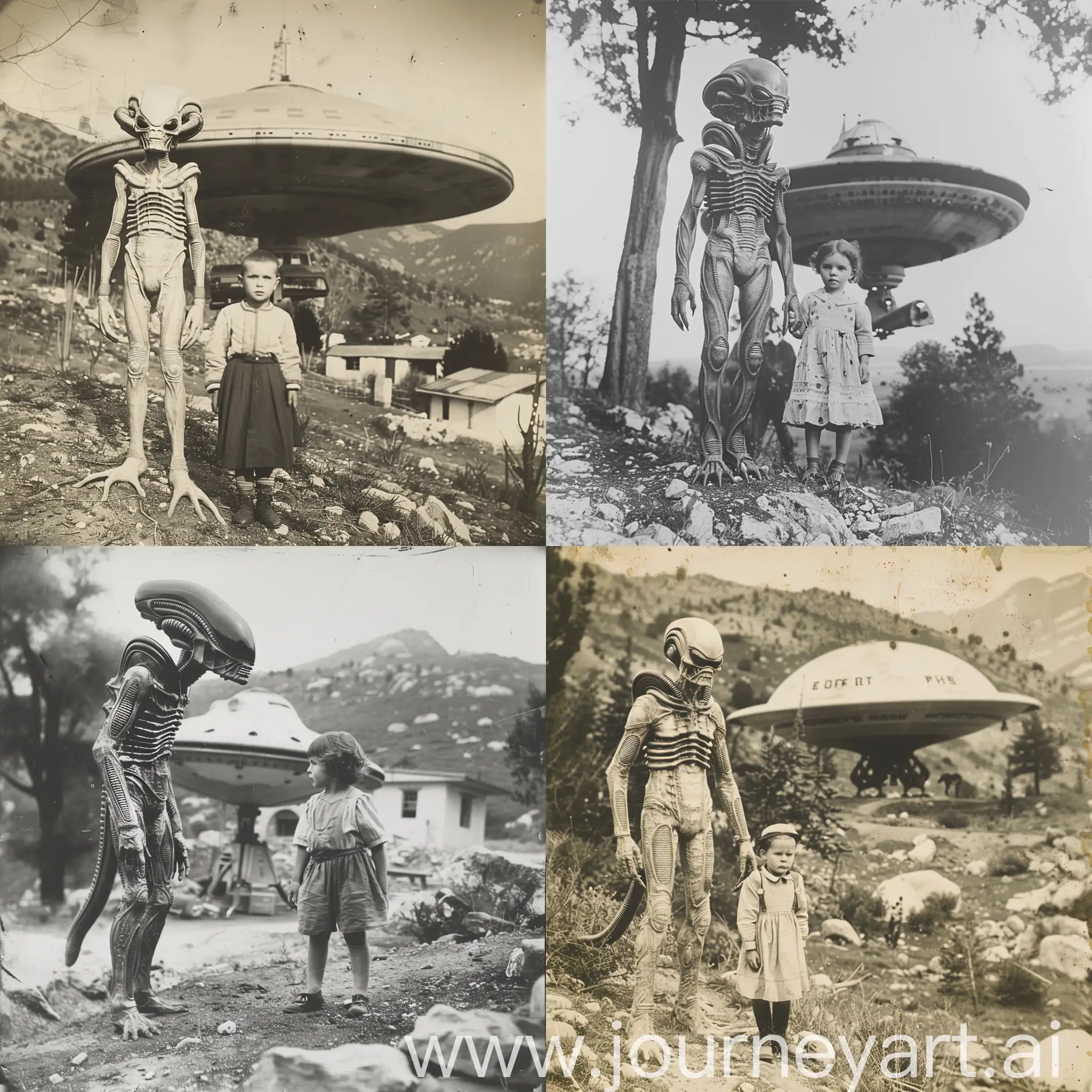 An realistic old black and white photo taken in 1930 of an alien creature standing with a child, a spaceship behind them, with real details, as if it were a realistic, non-fictional photo with real and clear features highly detailed --style raw --stylize 500