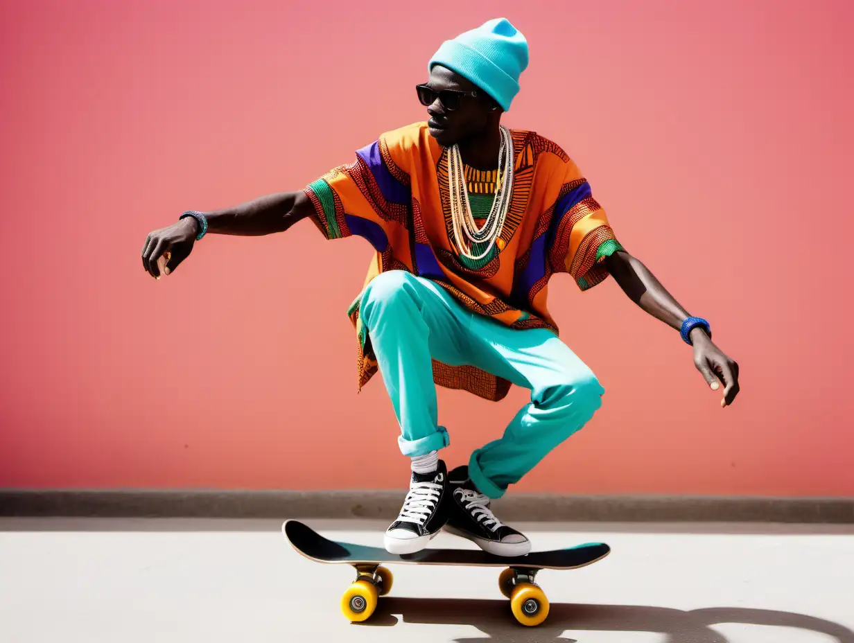 Cool African skate boarder in colourful outfit
