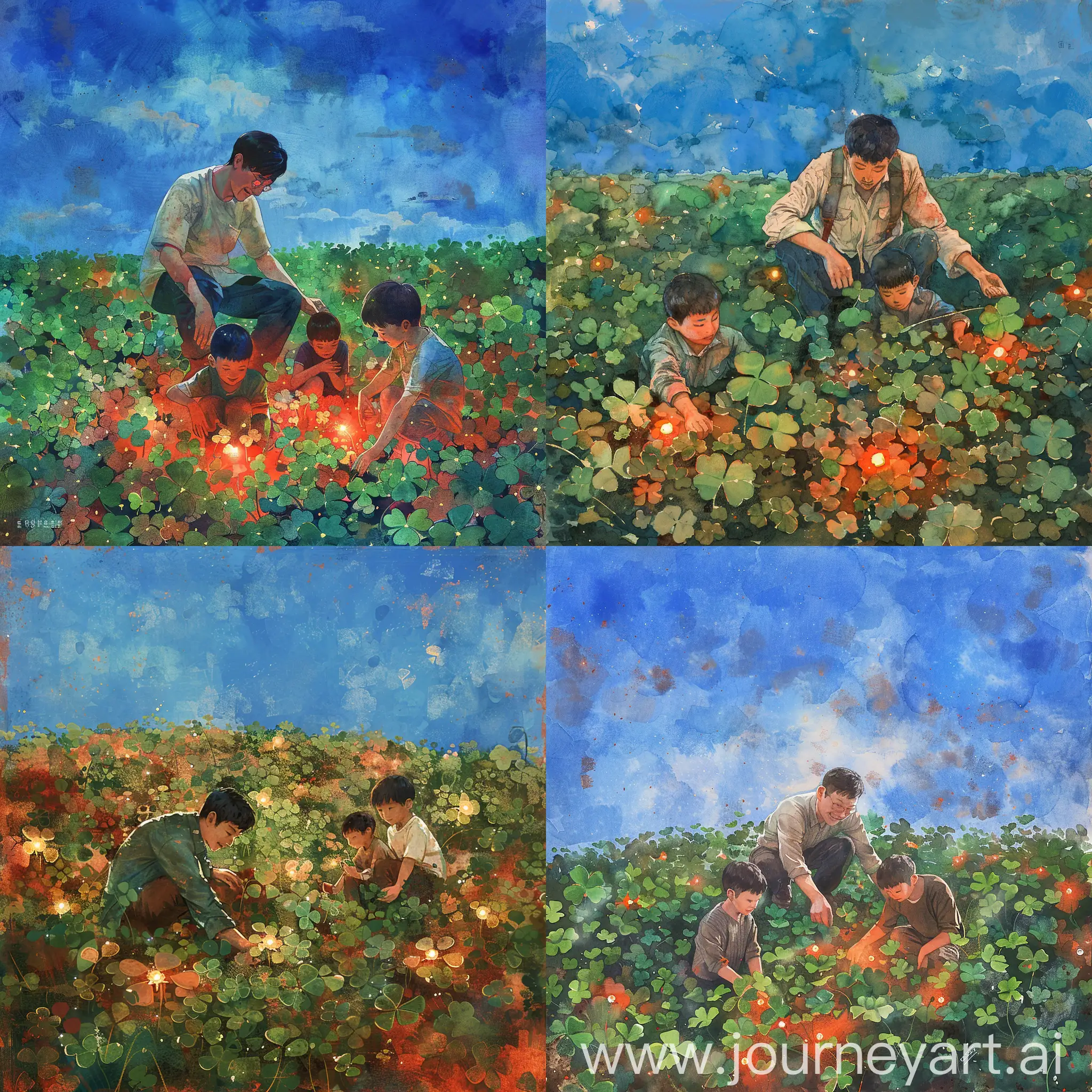 fantasy exploration, 1 adult Korean male explorer, 2 boys, field full of clover flowers, ((number lamp lights on clover flowers)), sitting around, picking clover, adventure of fantasy characters, illustration, abstract, texture, watercolor, illustrator, hand drawn texture, different colors like reds, oranges, greens, browns, greys, white and black. This scene evokes an atmosphere that feels both dreamy and fantastical, with a blue sky, in the style of an impressionist painter. 