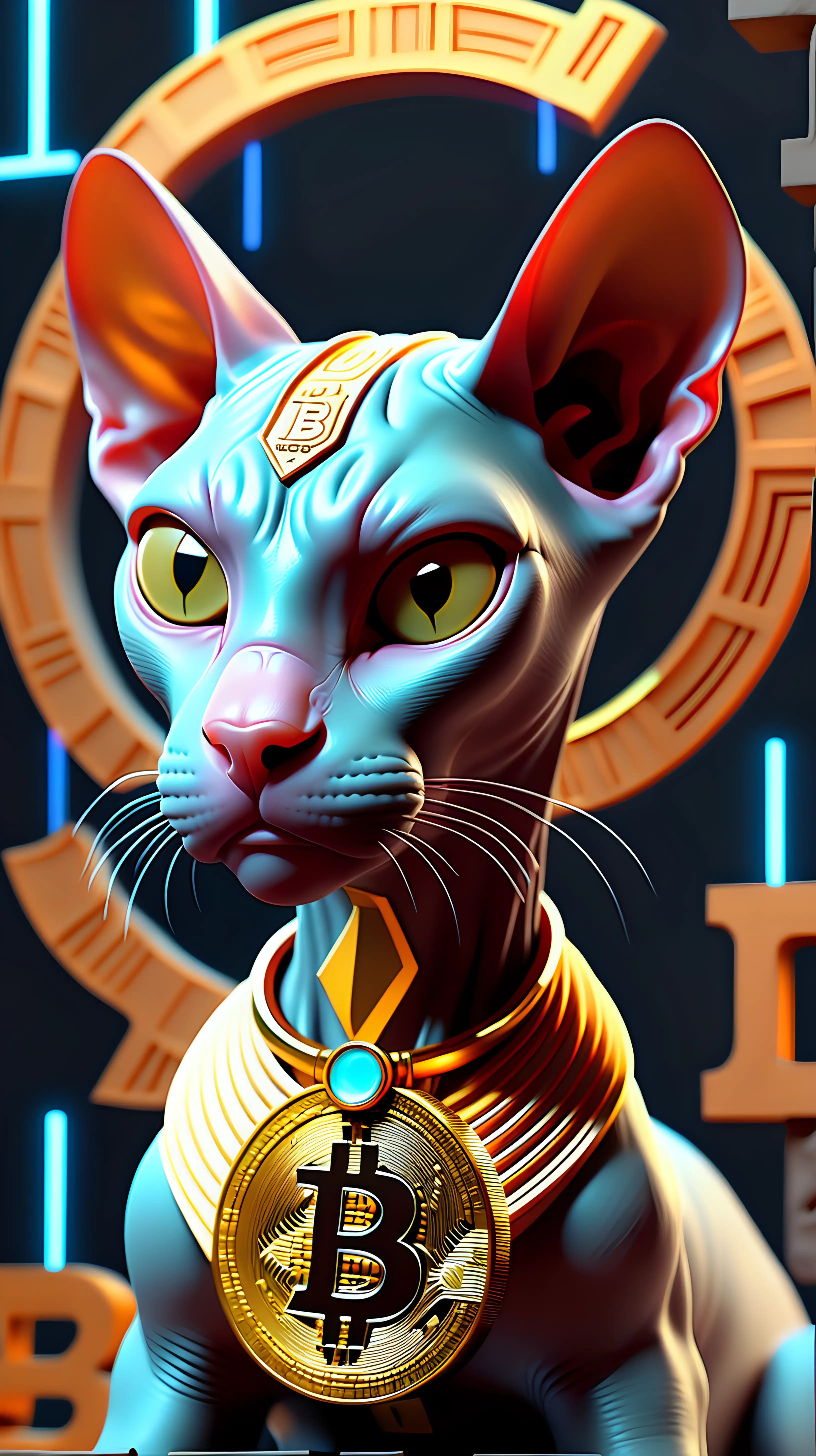 3d animated pimped sphinx cat, perfect lightning and 3D digital art of the Bitcoin symbol in a three-dimensional format, with added elements of abstract shapes in the background. The art piece uses variety of colors or textures to create a unique and visually striking image, and is rendered with a high level of detail to showcase the intricate design of the Bitcoin symbol. 