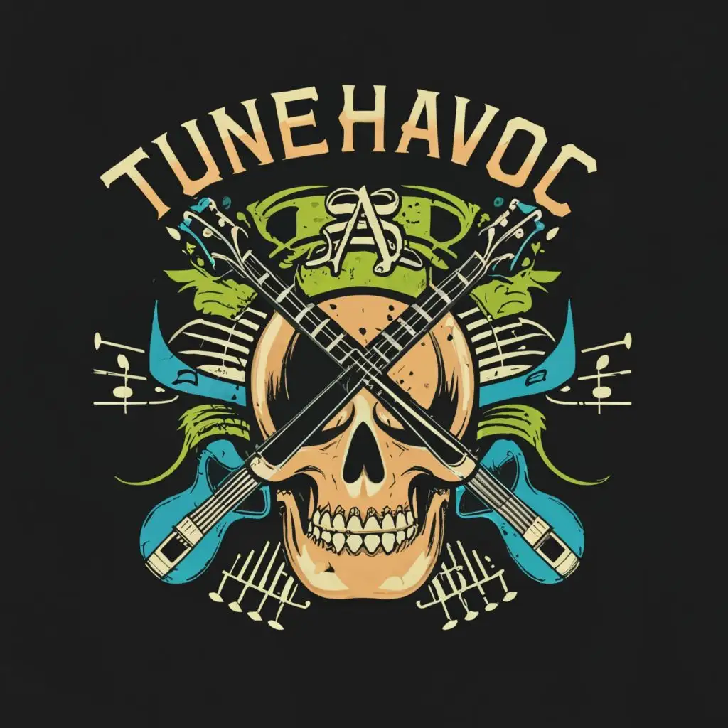 logo, Music notes, guitars, ukuleles, random joy fun coolness , matrix , skull, music, related languages, with the text "TuneHavoc", typography