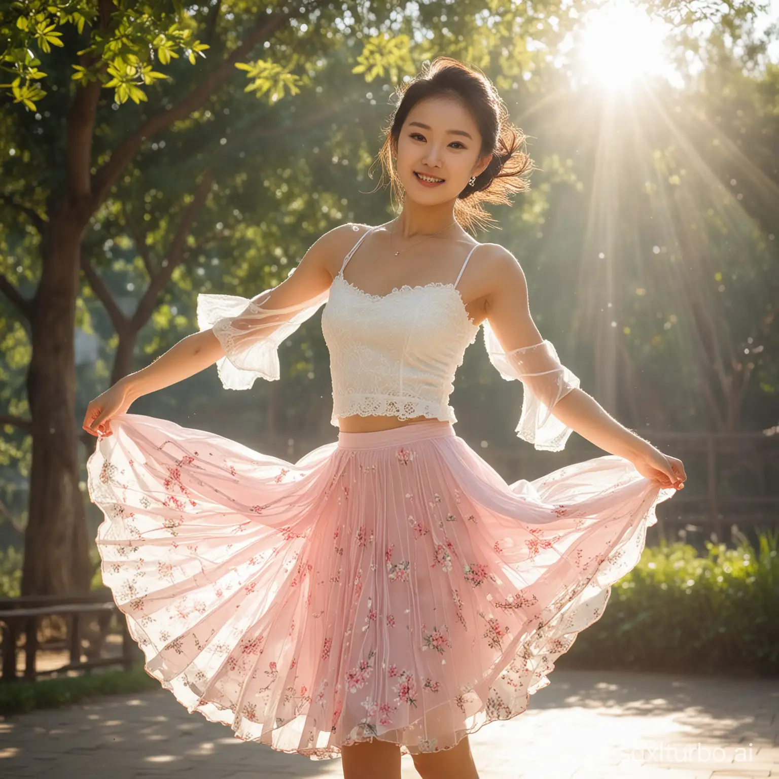 A beautiful Chinese girl dancing in a skirt, outdoors, sunshine