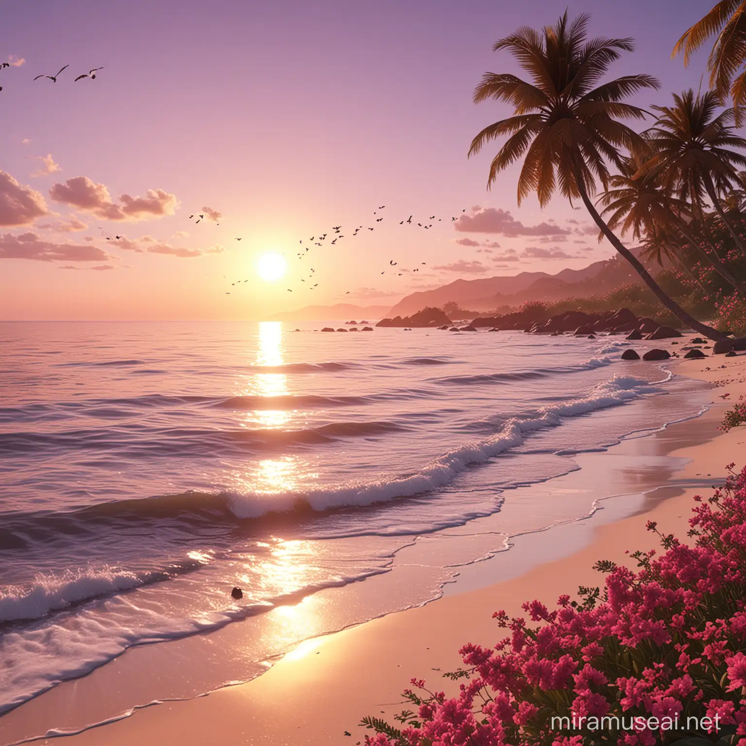 Create a 3D illustration of a tropical beach scene at sunset. Include two prominent palm trees in the foreground with vibrant green leaves, bending slightly towards each other. Intersperse the foliage with bright pink tropical flowers. The beach should have soft white sand with a subtle pink hue reflecting the sunset, and footprints leading to the water, indicating a recently visited spot. The ocean is calm with gentle waves lapping onto the shore, and the water reflects the breathtaking gradient of sunset colors from warm purple to soft pink. The sky is clear with a few wisps of clouds, and birds can be seen in the distance. The entire scene should exude a serene and inviting atmosphere, perfect for a paradise getaway, 32k render, hyperrealistic, detailed.