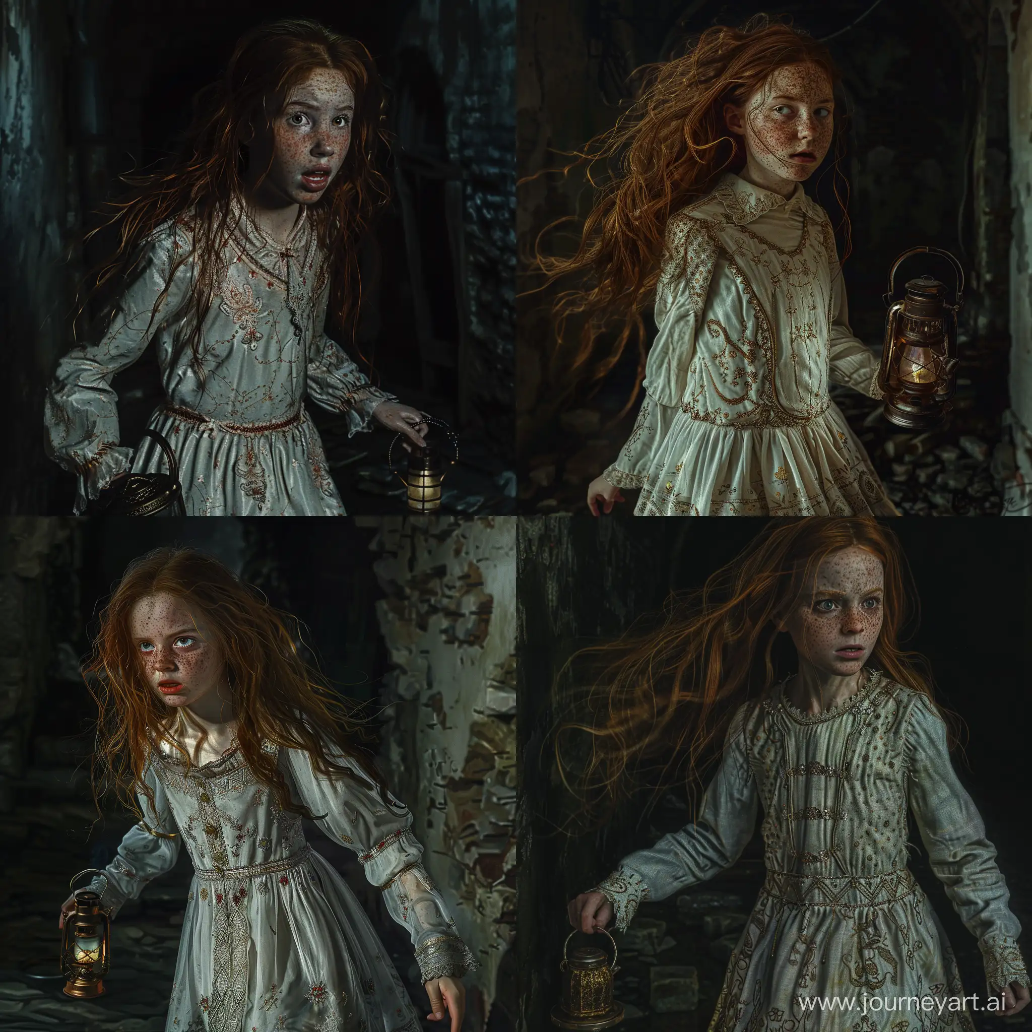 Frightened-Freckled-Young-Girl-in-Intricate-Dress-Explores-Dark-Dungeon-with-Antique-Lantern