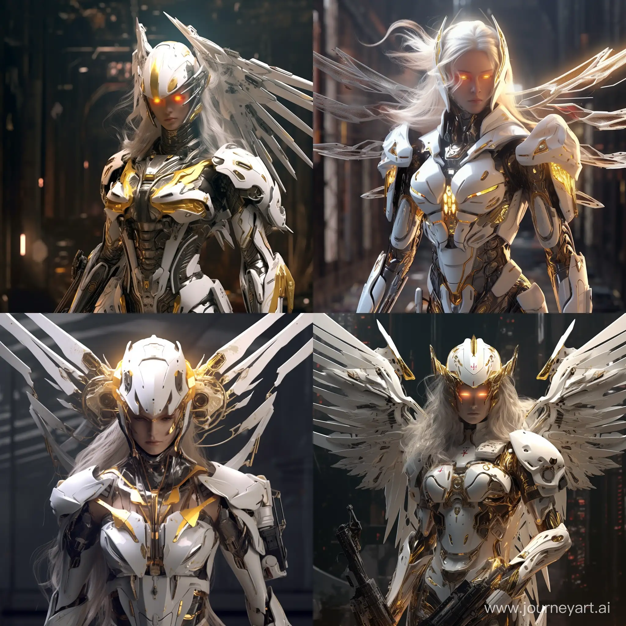 Female Robot with form like angel, white armor with yellow light, future crossbow, head with Halo, closed helmet, cyberpunk style