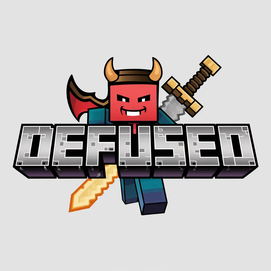 make a minecraft logo with text 'defused' including a devil and a sword 