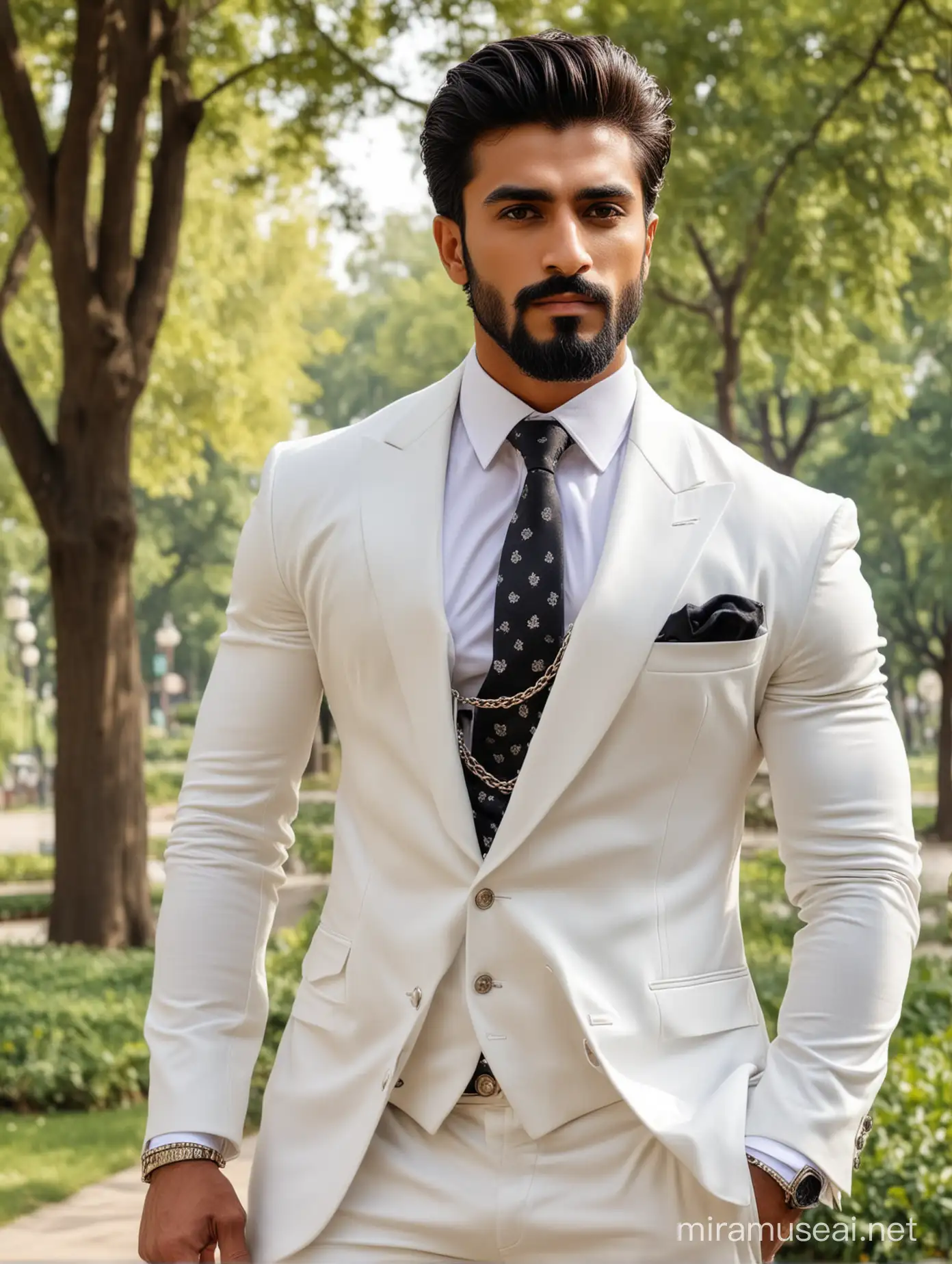 Tall and handsome bodybuilder Pakistani men with beautiful hairstyle and beard with attractive eyes and Big wide shoulder and chest in white expensive suit standing on park 