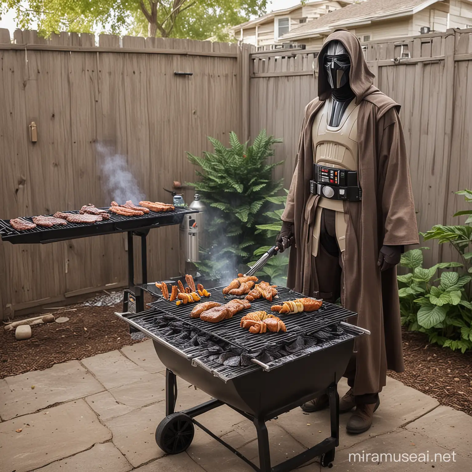 star wars Zabrak race barbecuing on a grill in the back yard, wearing jedi clothing, full body