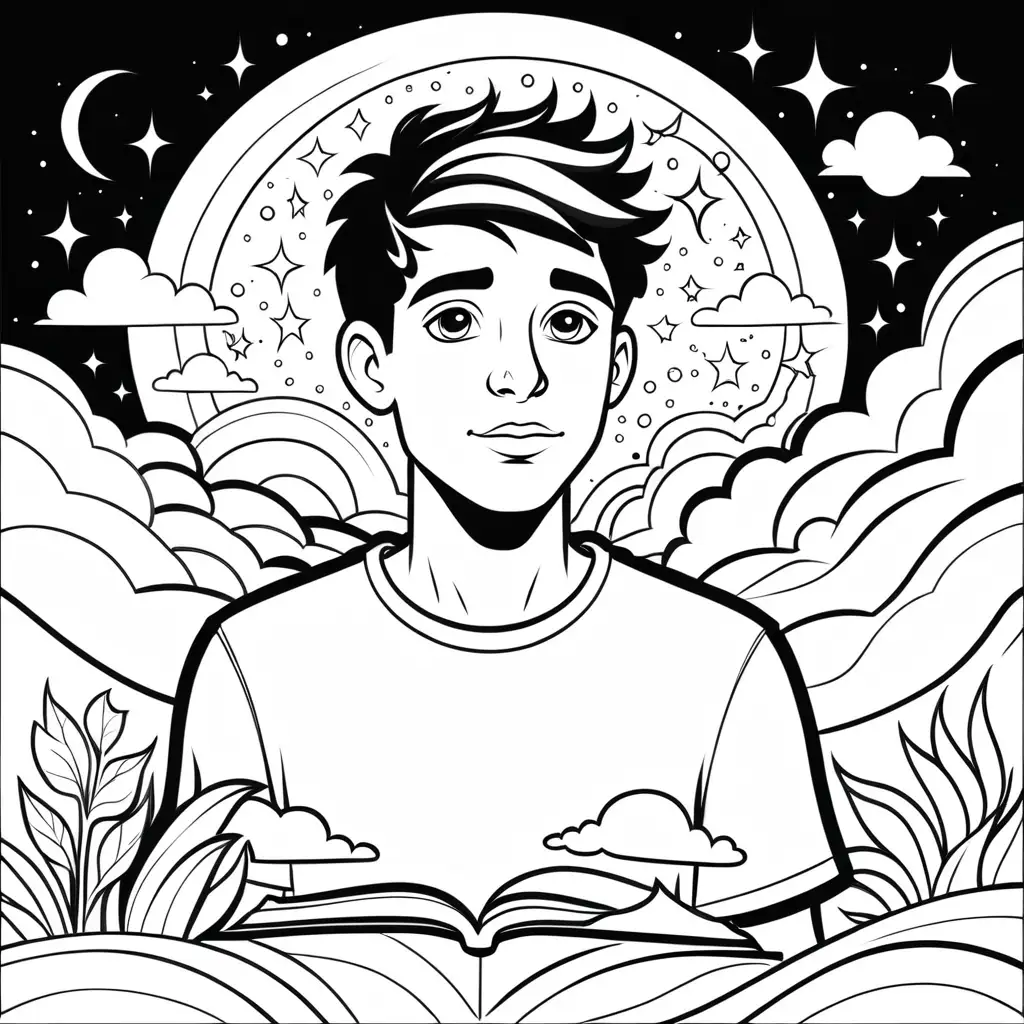 a simple black and white coloring book outline of young man with imagination
